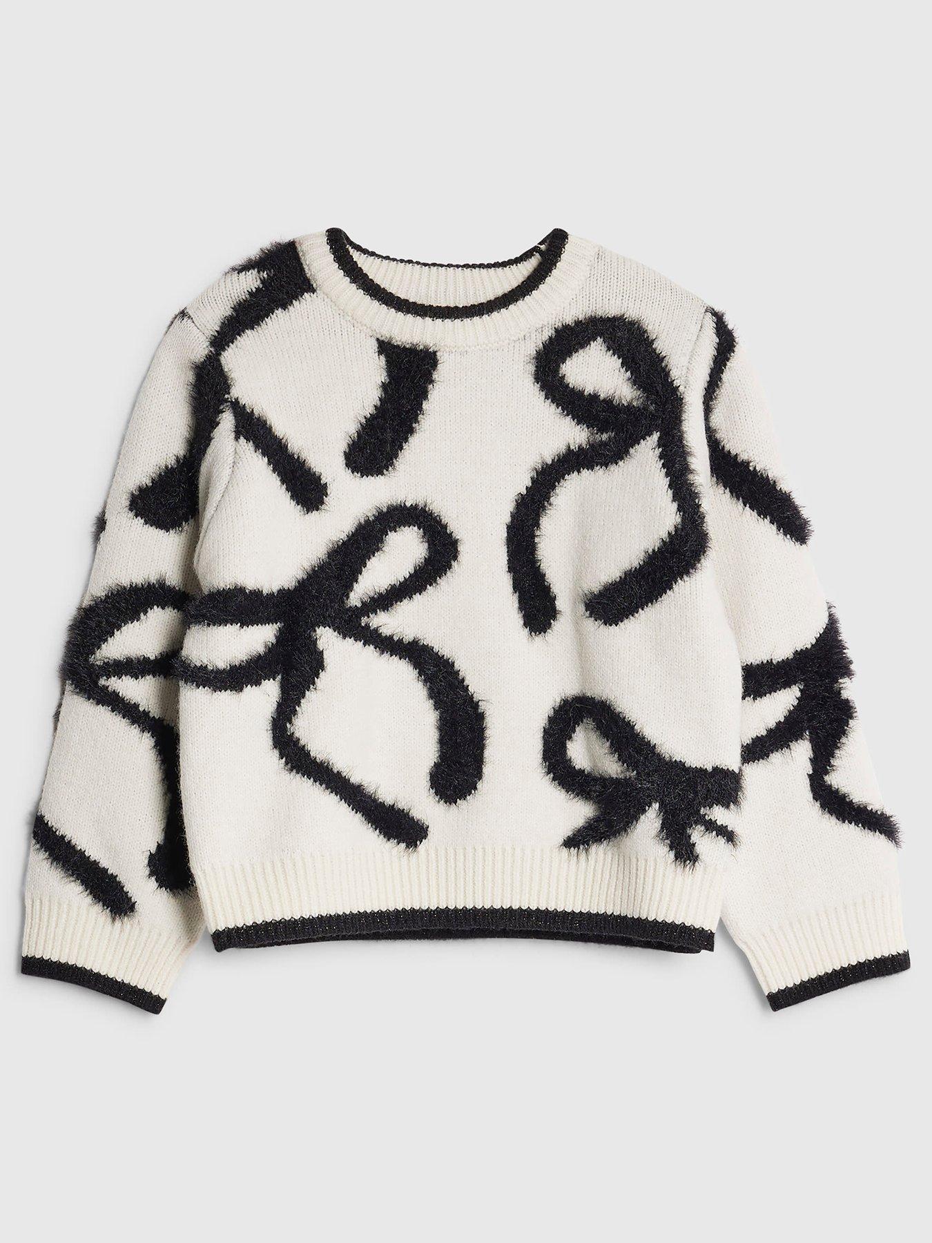River Island Mini Girls Fluffy Bow Jumper, Cream, Size Age: 18-24 Months