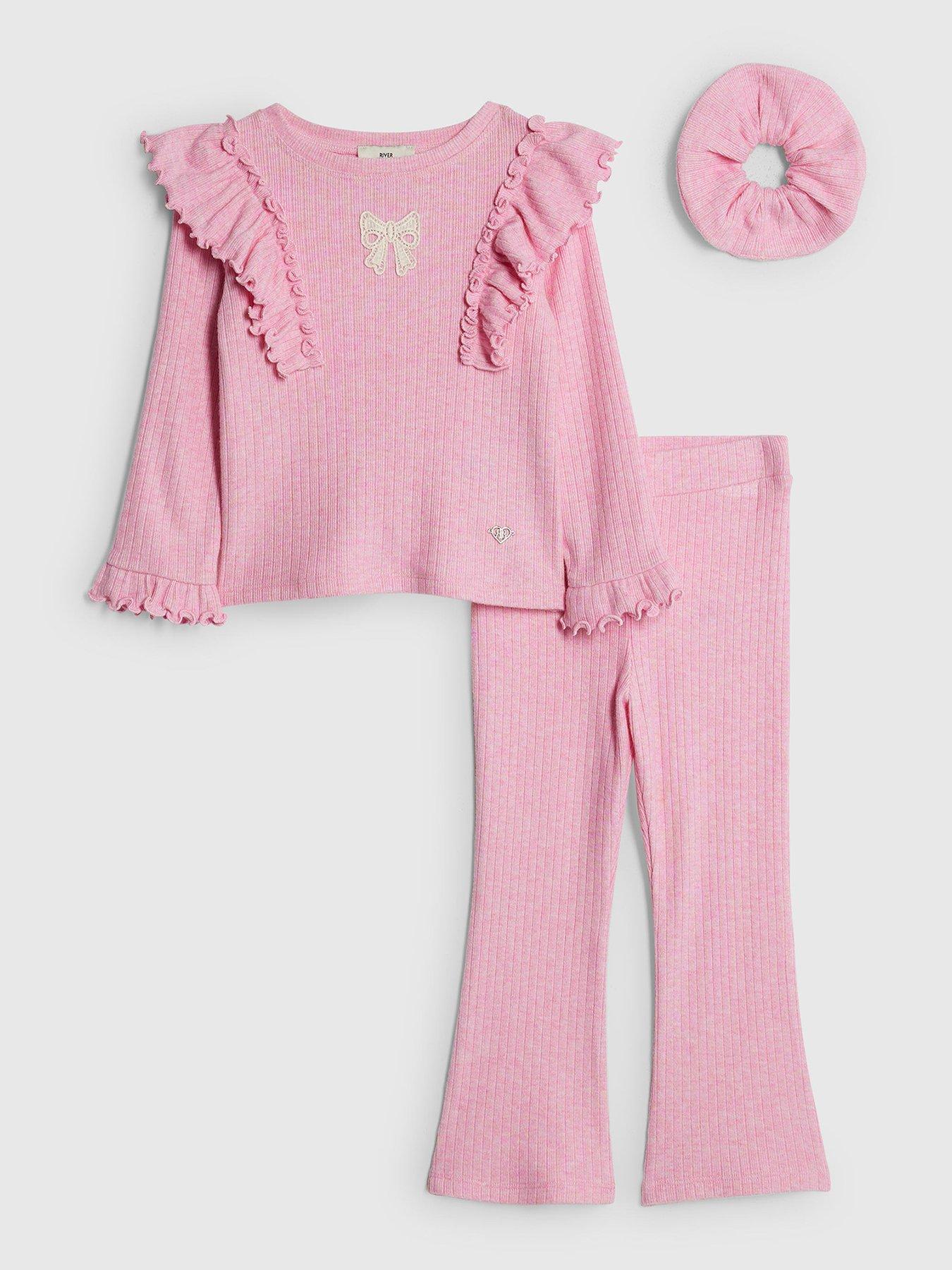 River Island Mini Girls Bow Frill Shoulder Top Set - Pink