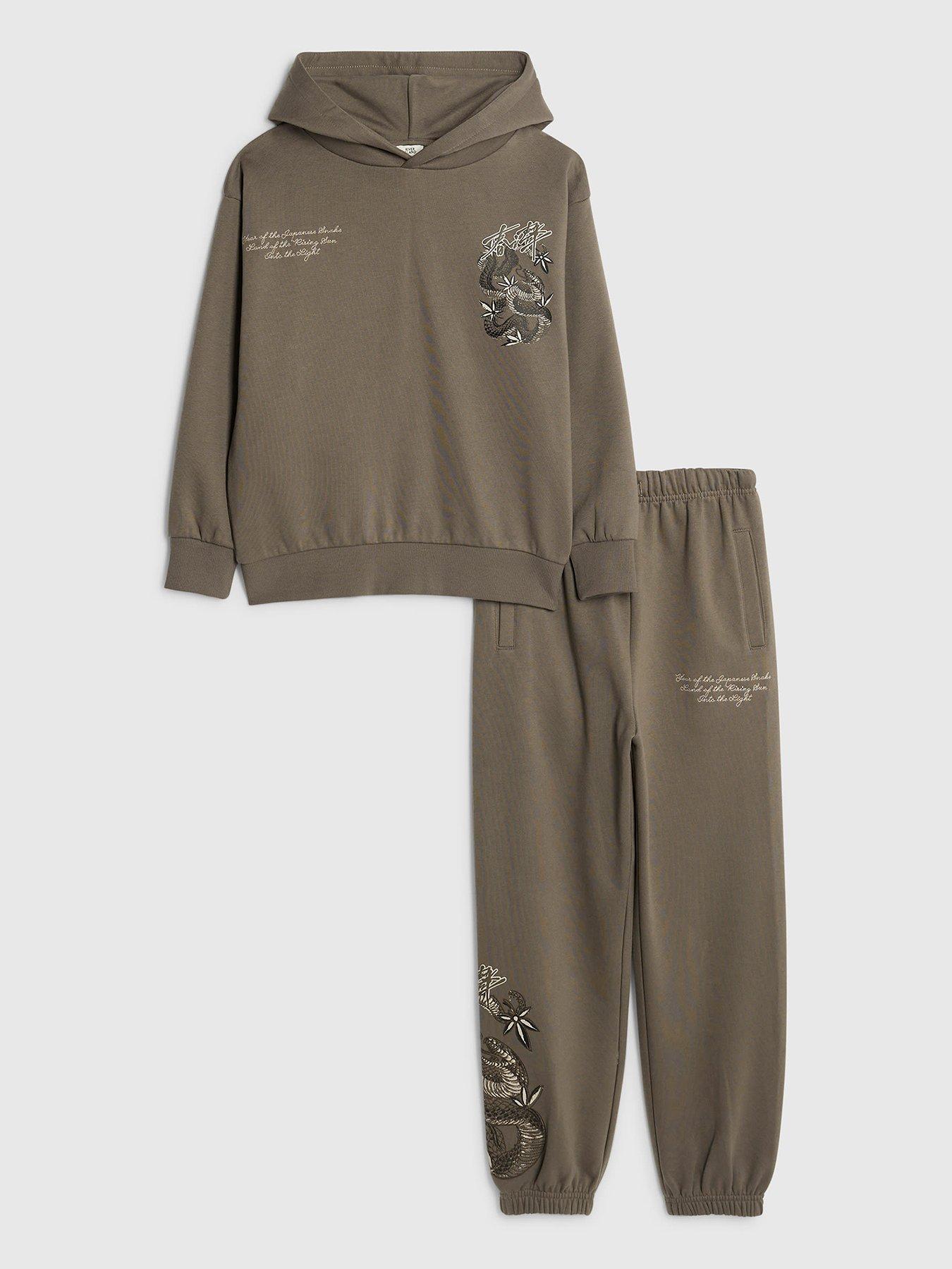 River Island Older Boys Back Print Japanese Hoodie Set - Brown