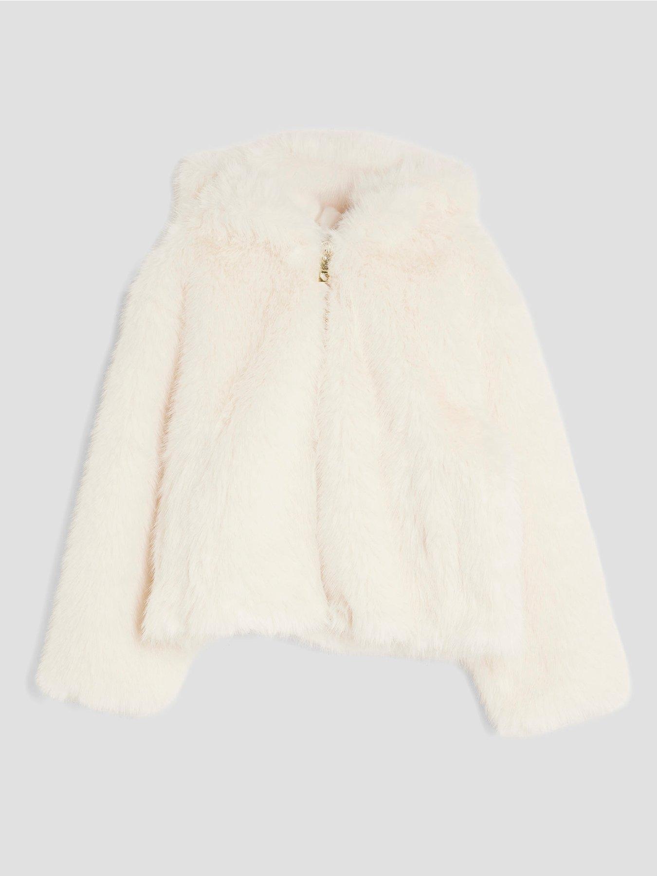 River Island: Older Girls Hooded Faux Fur Bomber Jacket - Cream
