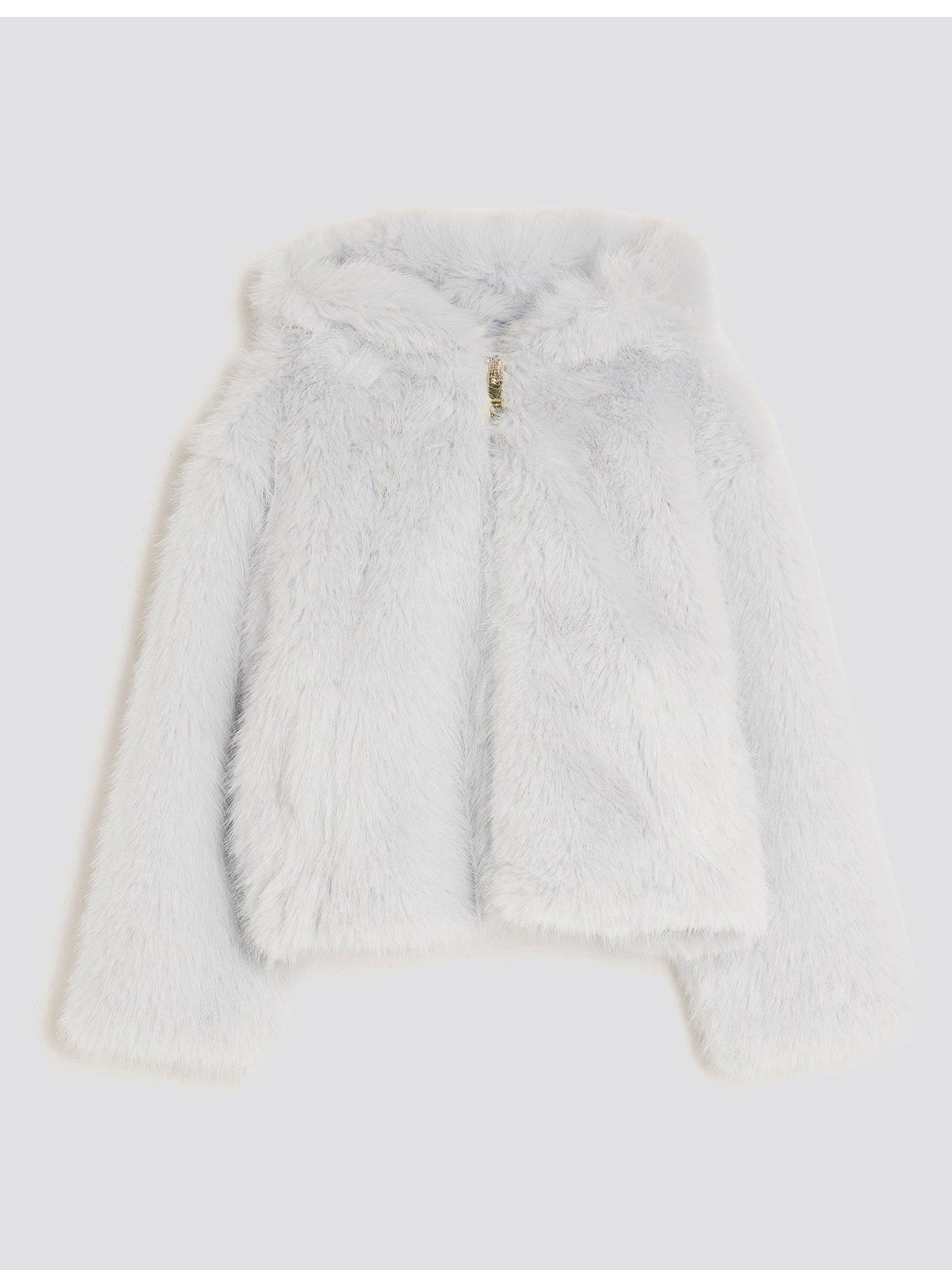 River Island Older Girls Hooded Faux Fur Bomber Jacket - Light Blue