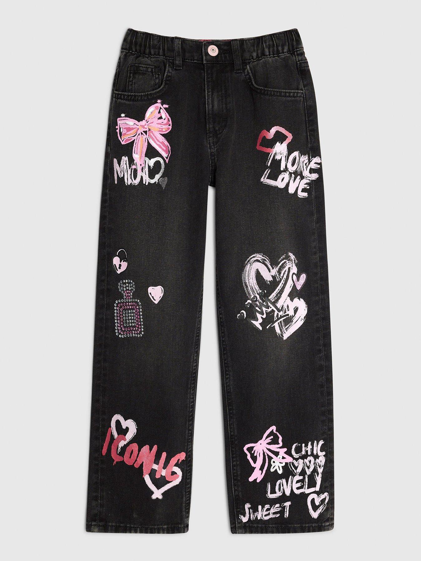 River Island Older Girls Love Graffiti Straight Jeans - Black