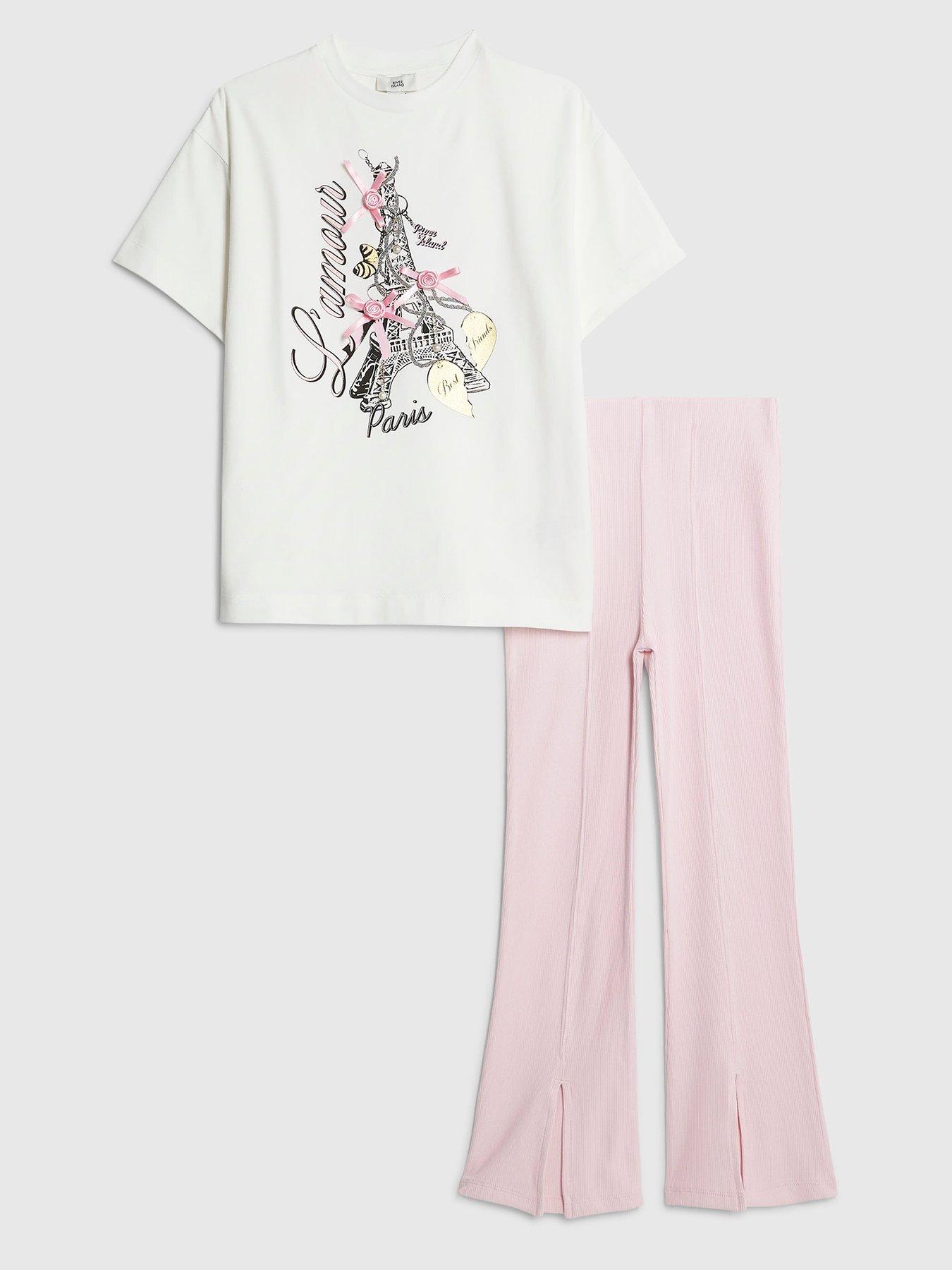 River Island Older Girls Lamour Paris T-Shirt Set, White, Size Age: 7-8 Years