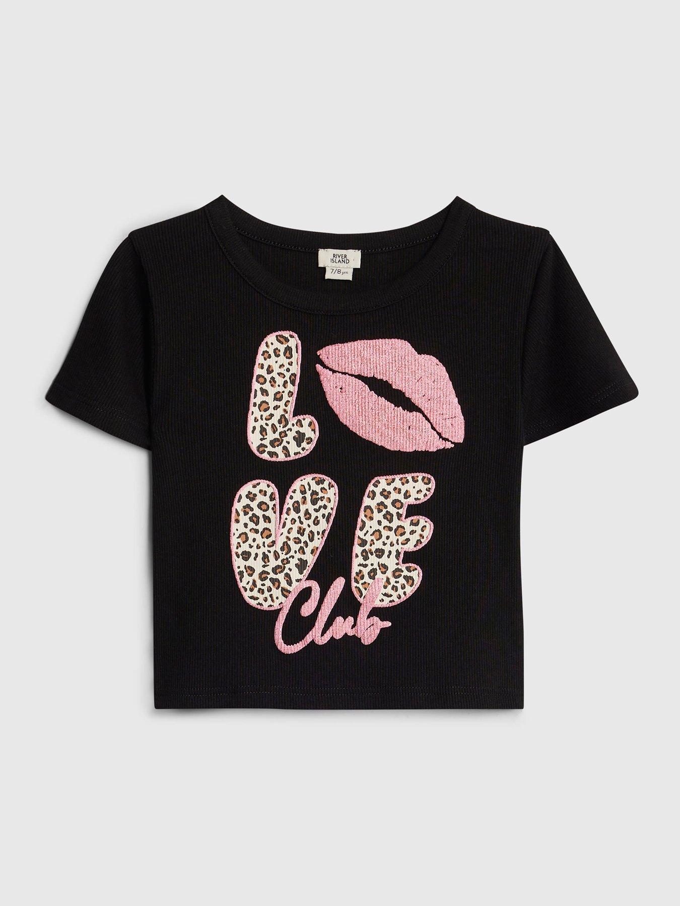 River Island Older Girls Leopard Love Club T-Shirt - Black