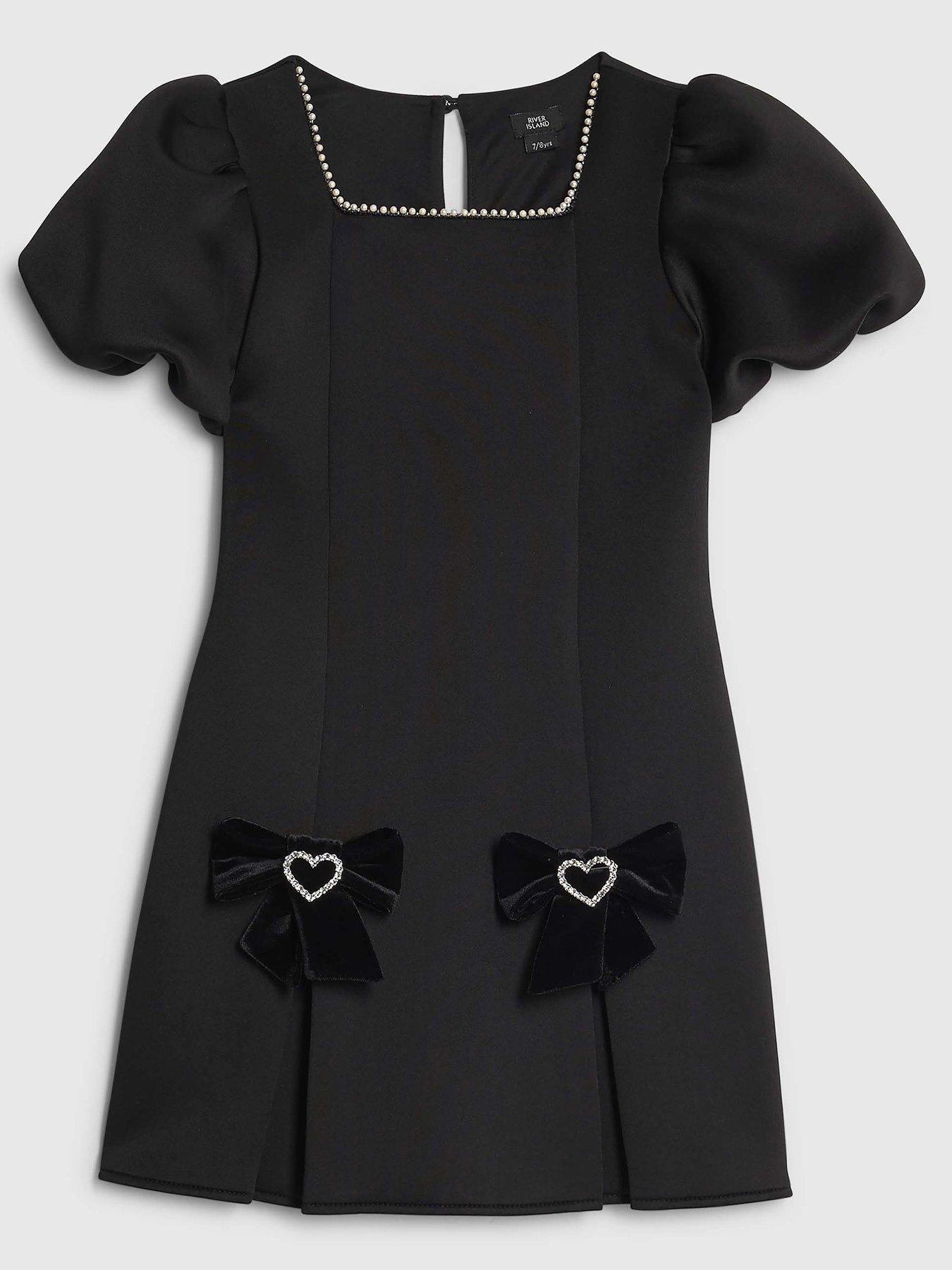 River Island Older Girls Bow Hem Puff Sleeve Dress - Black