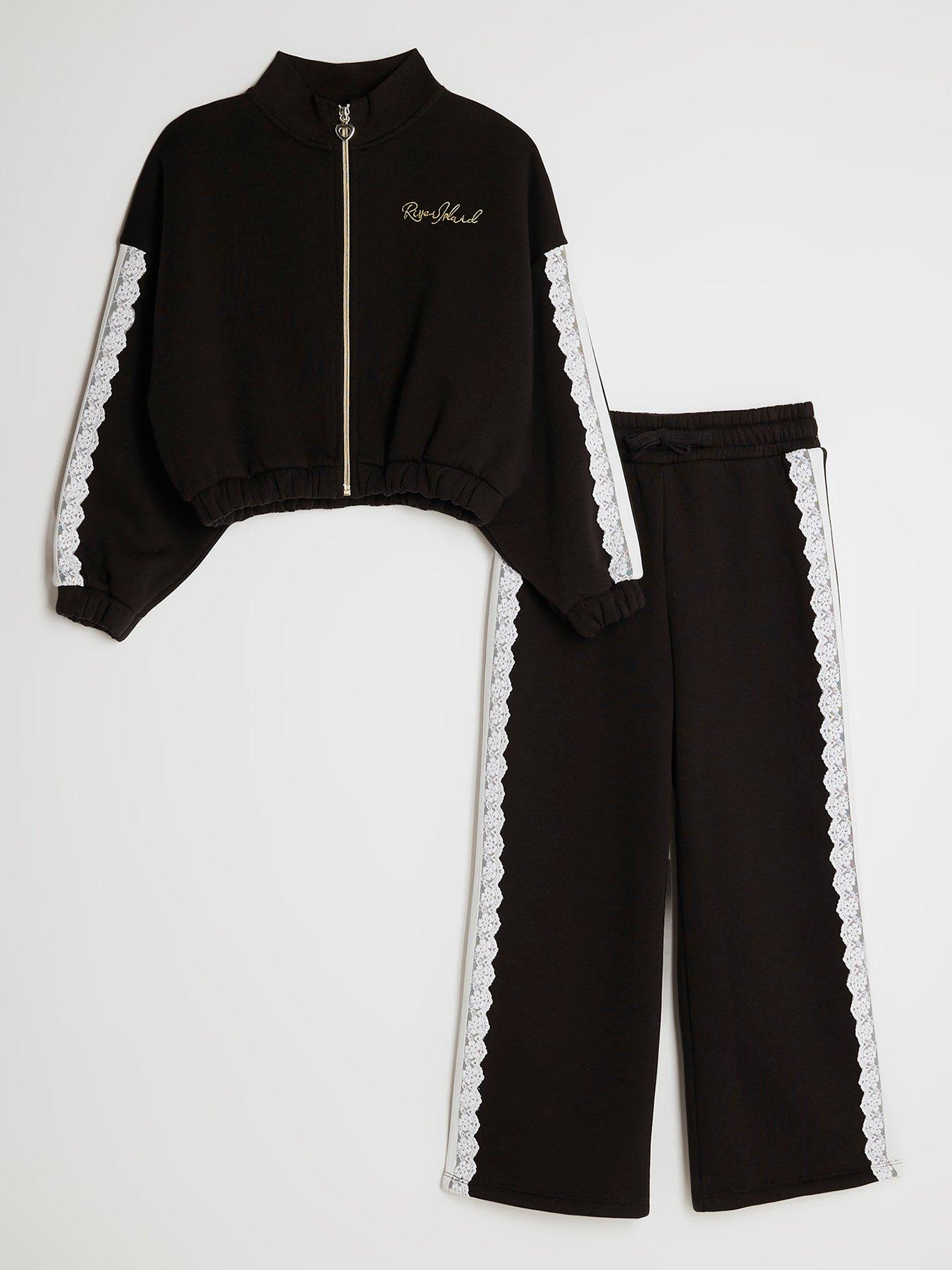 Image 1 of 4 of River Island Older Girls Ruffle Lace Detail Sweatshirt Set - Black