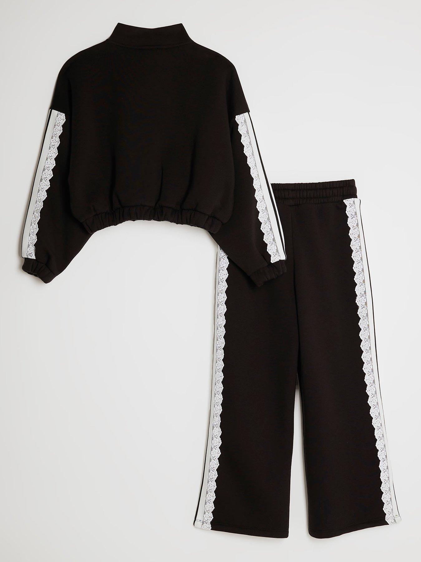 Image 2 of 4 of River Island Older Girls Ruffle Lace Detail Sweatshirt Set - Black