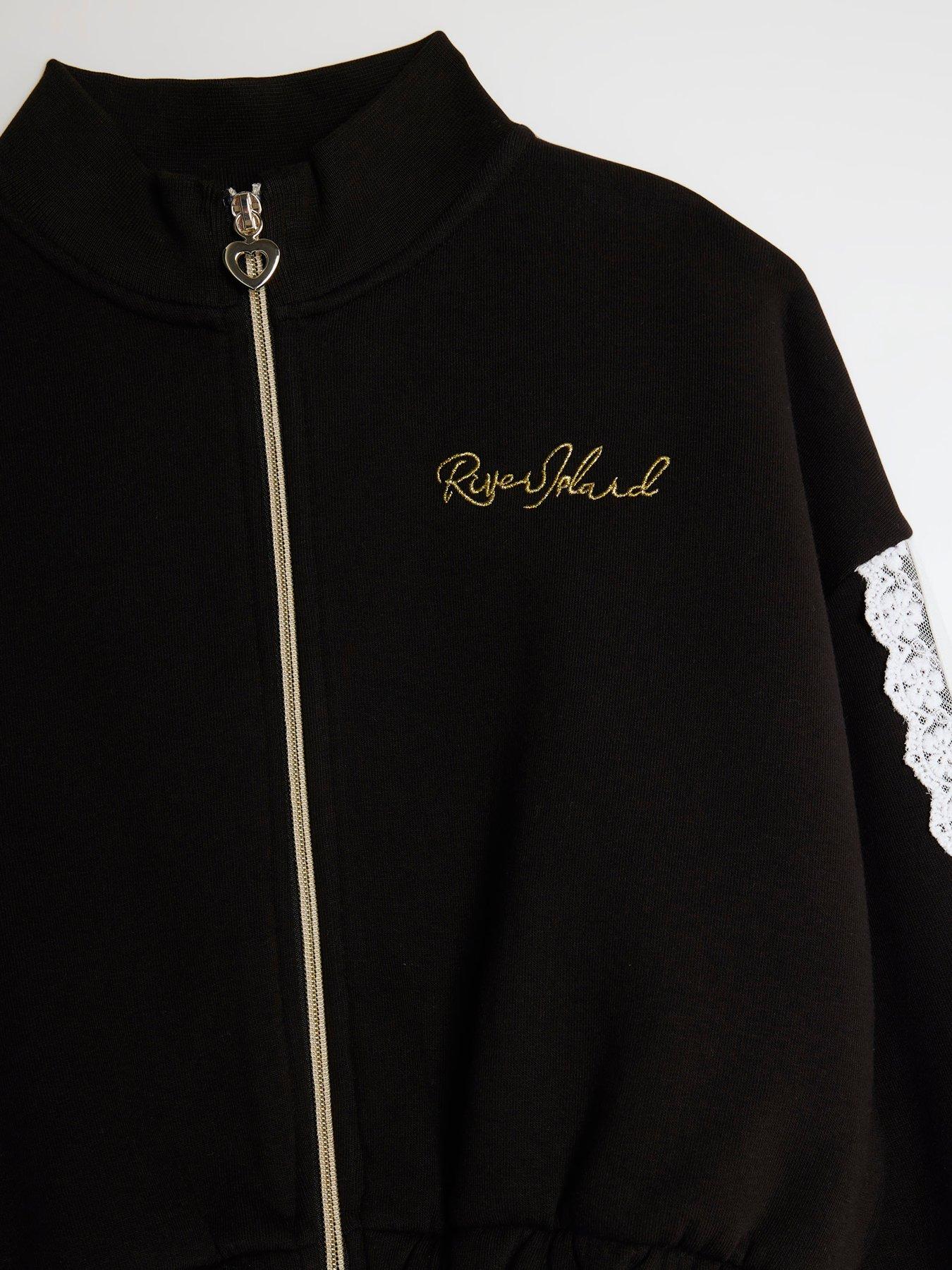 Image 4 of 4 of River Island Older Girls Ruffle Lace Detail Sweatshirt Set - Black