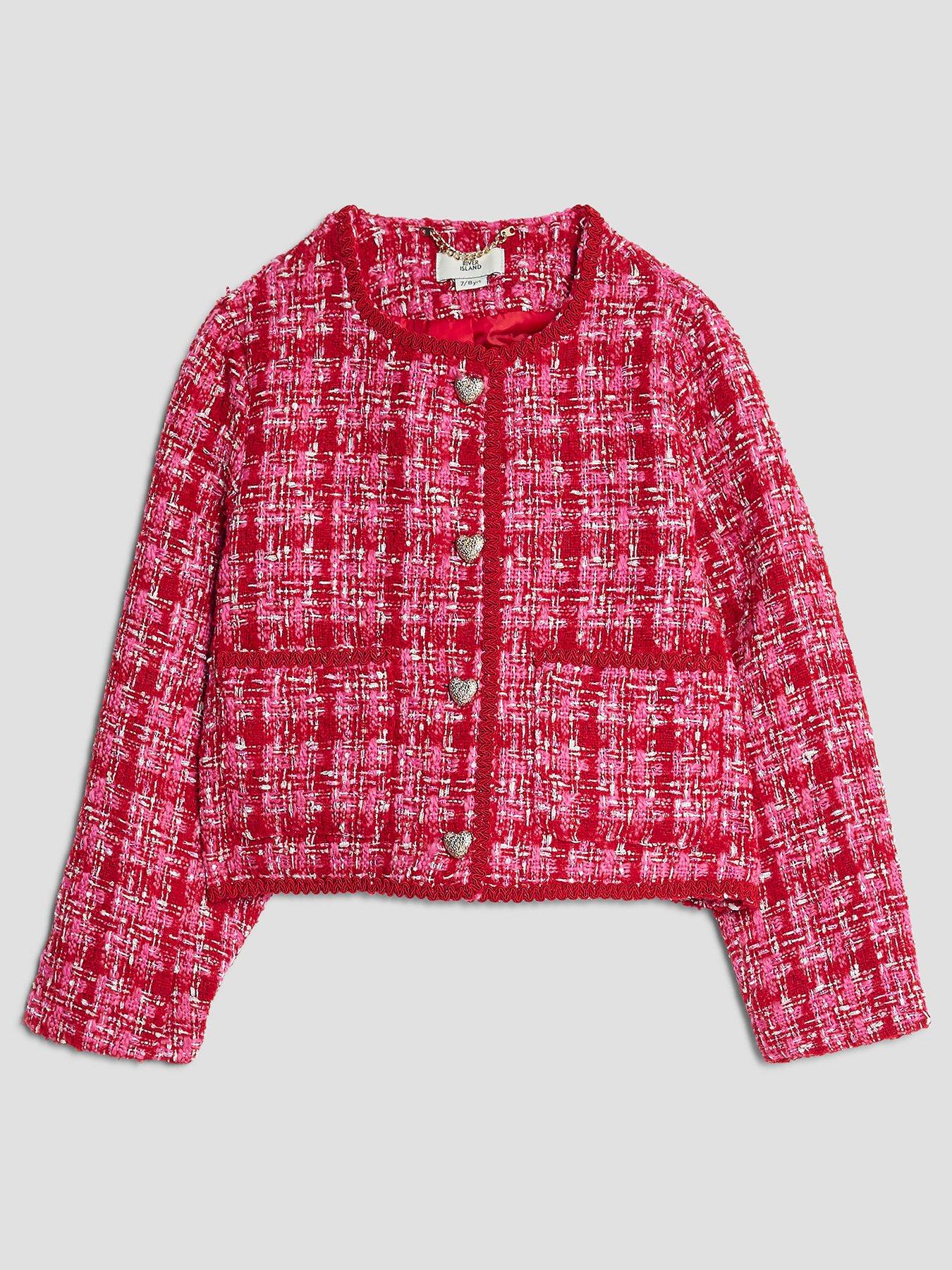 Image 2 of 5 of River Island Older Girls Boucle Heart Collarless Jacket - Red