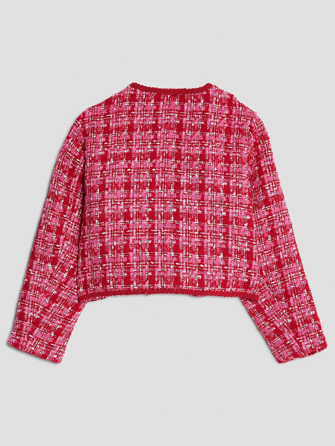 Image 3 of 5 of River Island Older Girls Boucle Heart Collarless Jacket - Red