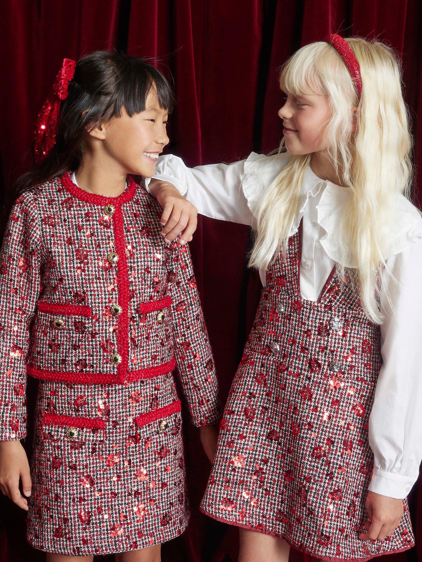 River Island Older Girls Boucle Pinafore Shirt Dress - Red