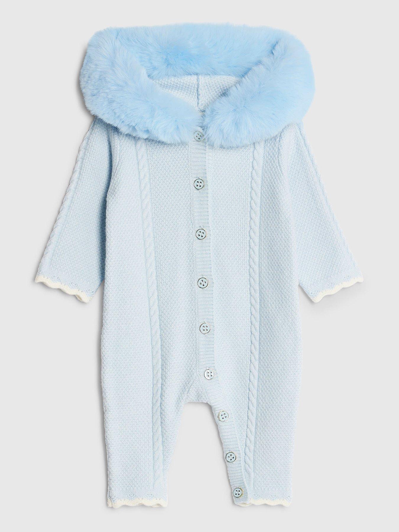River Island Baby Boys Faux Fur Collar Knitted Romper suit - Light Blue