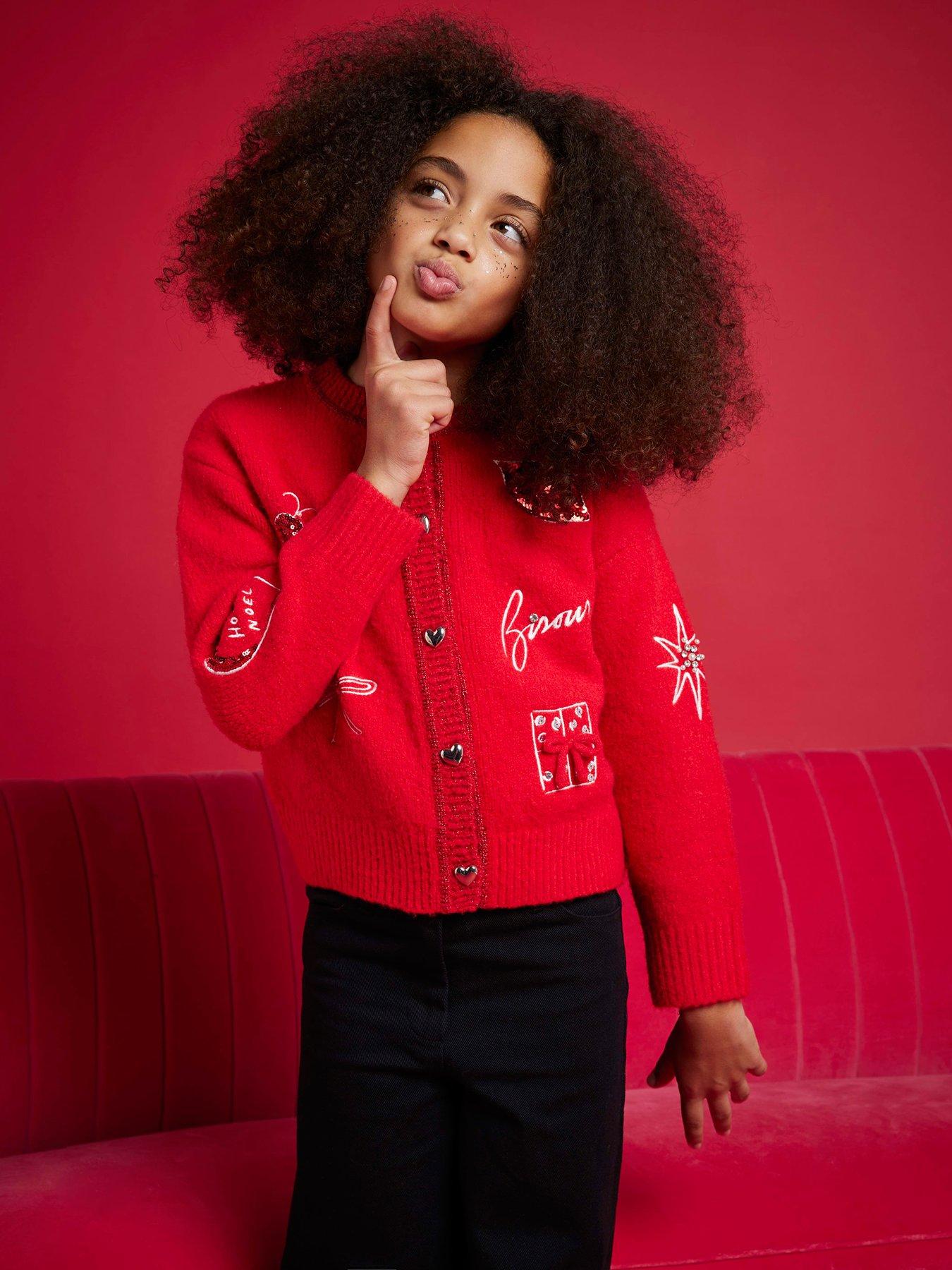 River Island Older Girls Nephthys Doodle Cardigan, Red, Size Age: 5-6 Years