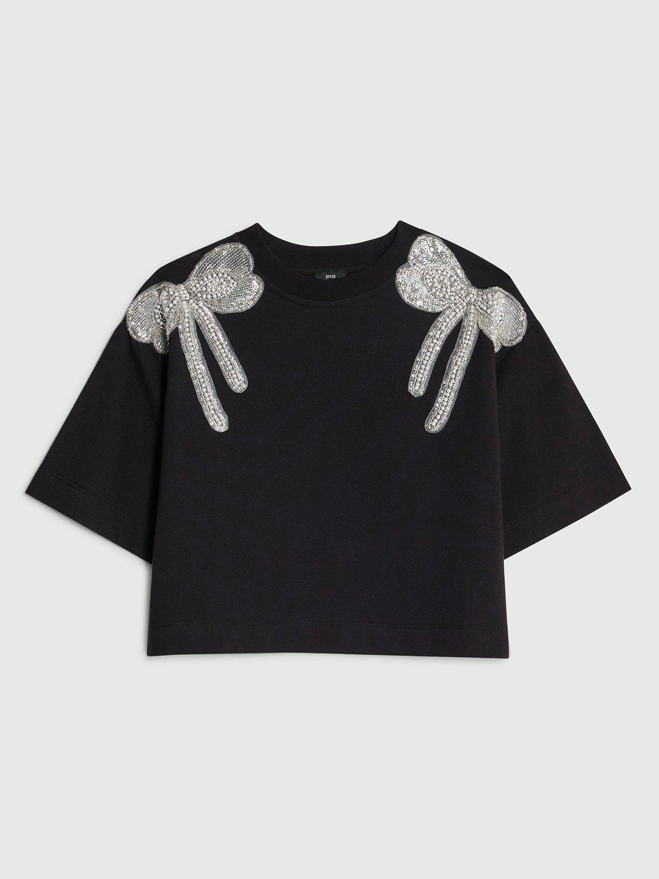 Image 1 of 4 of River Island Older Girls Embellished Bow Top - Black