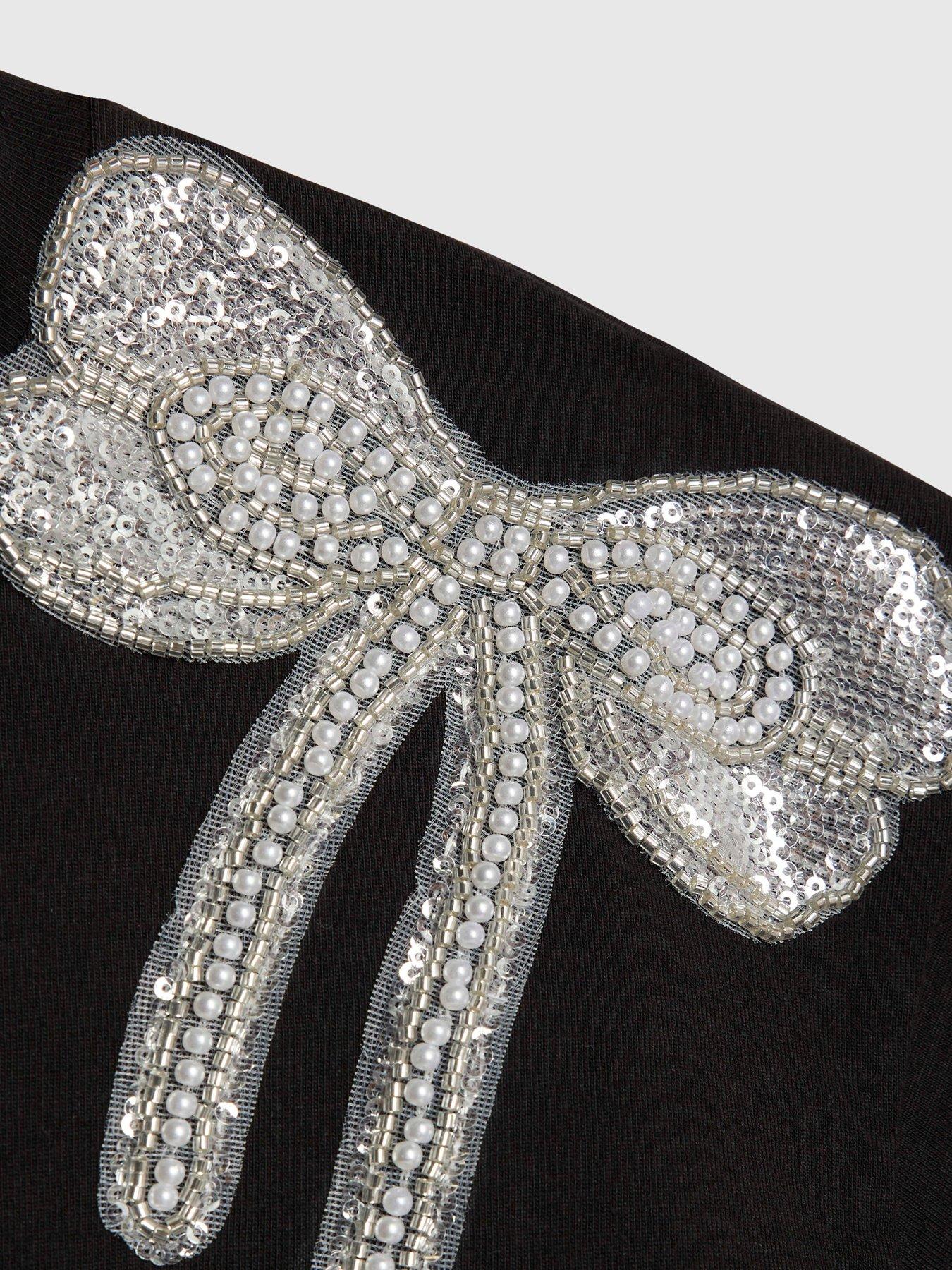 Image 4 of 4 of River Island Older Girls Embellished Bow Top - Black
