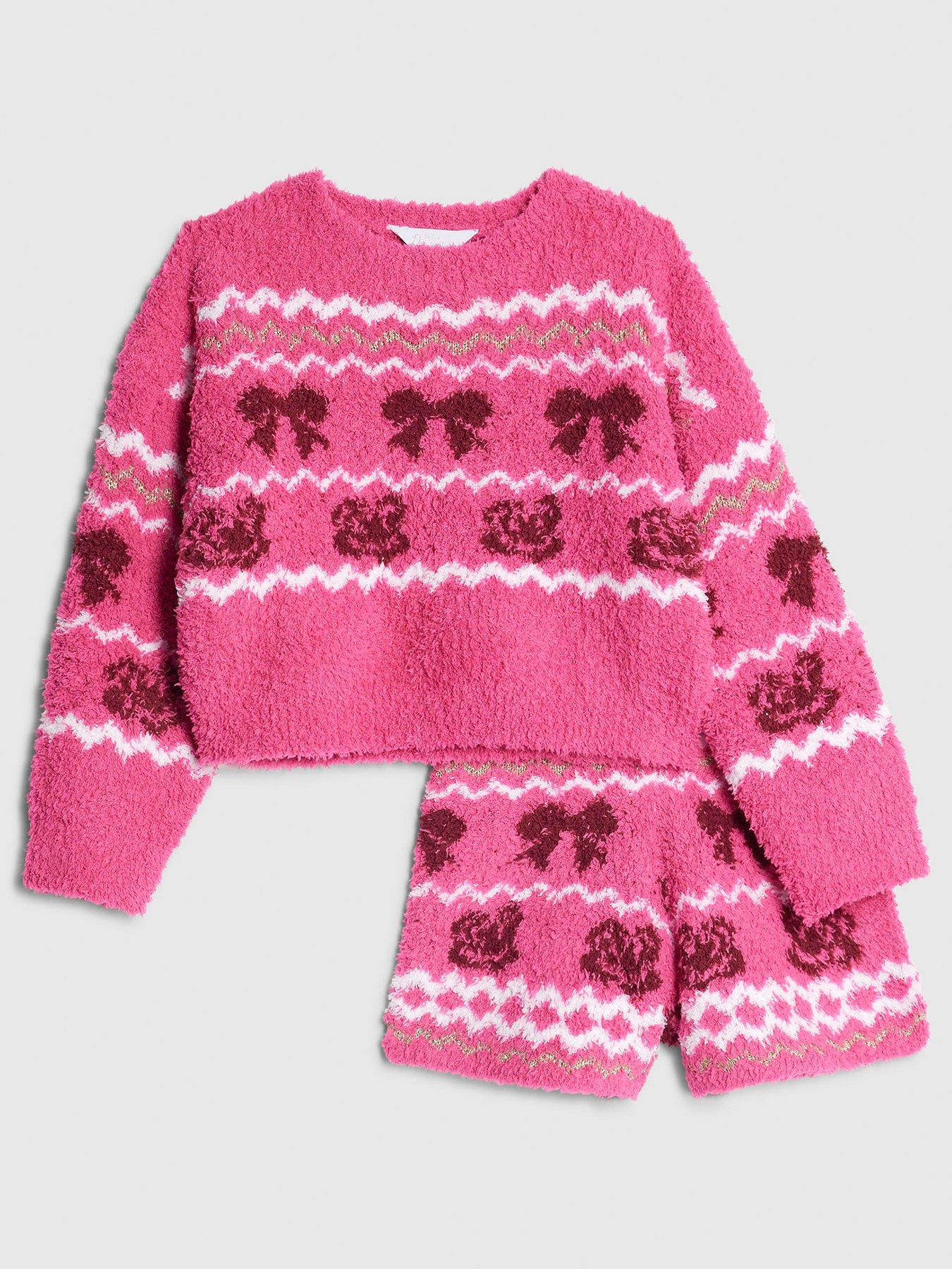 River Island Older Girls Cosy Bow Fairisle Loungewear Set, Pink, Size Age: 9-10 Years