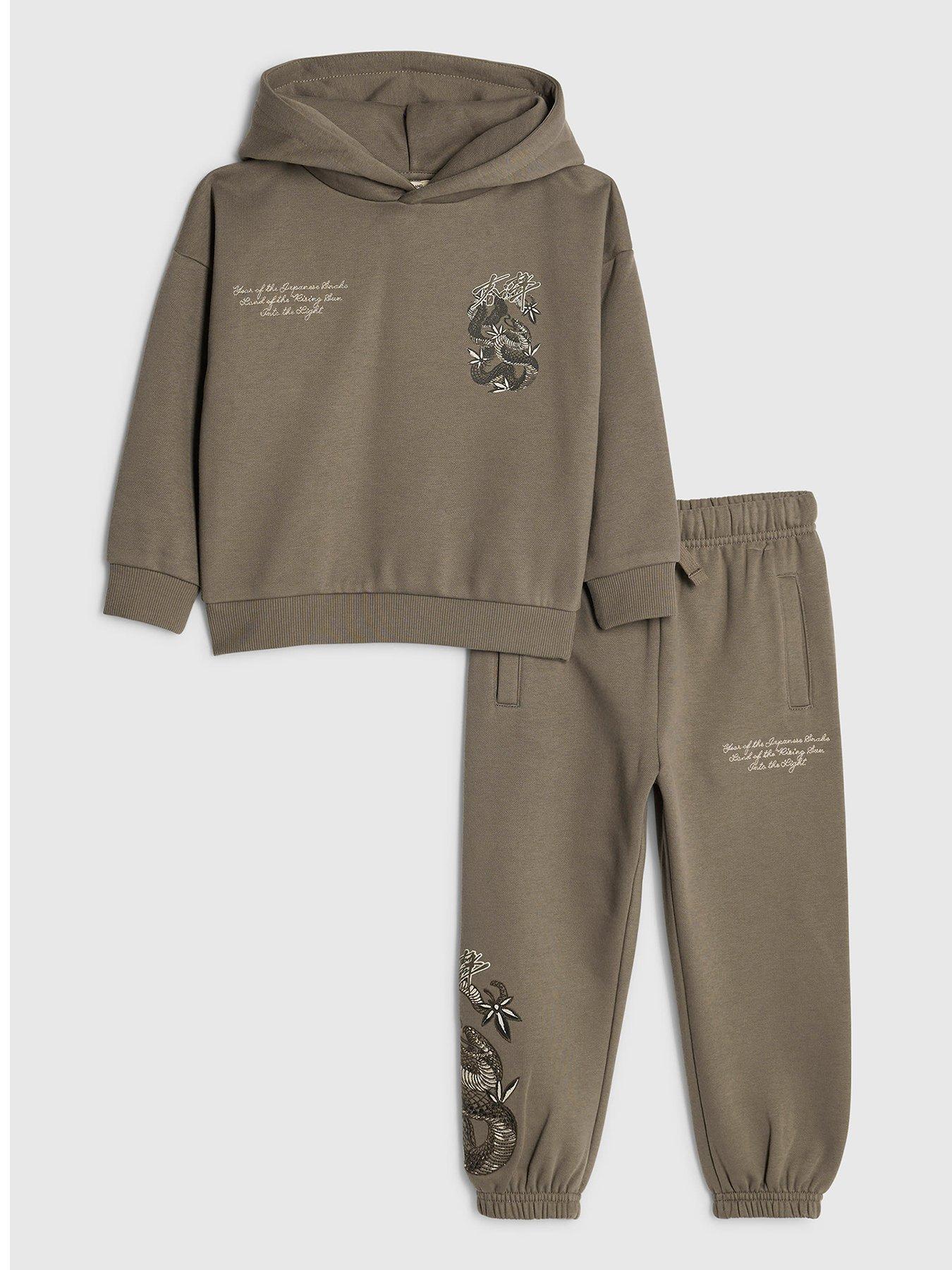River Island Mini Boys Back Print Japanese Hoodie Set - Brown
