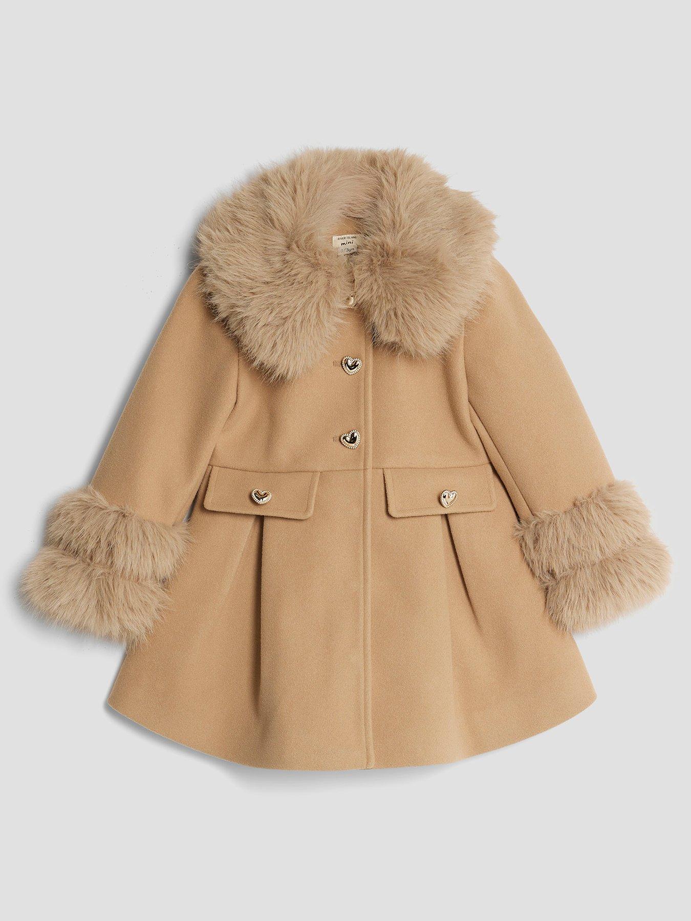 River Island Mini Girls Longline Faux Fur Heart Coat - Beige