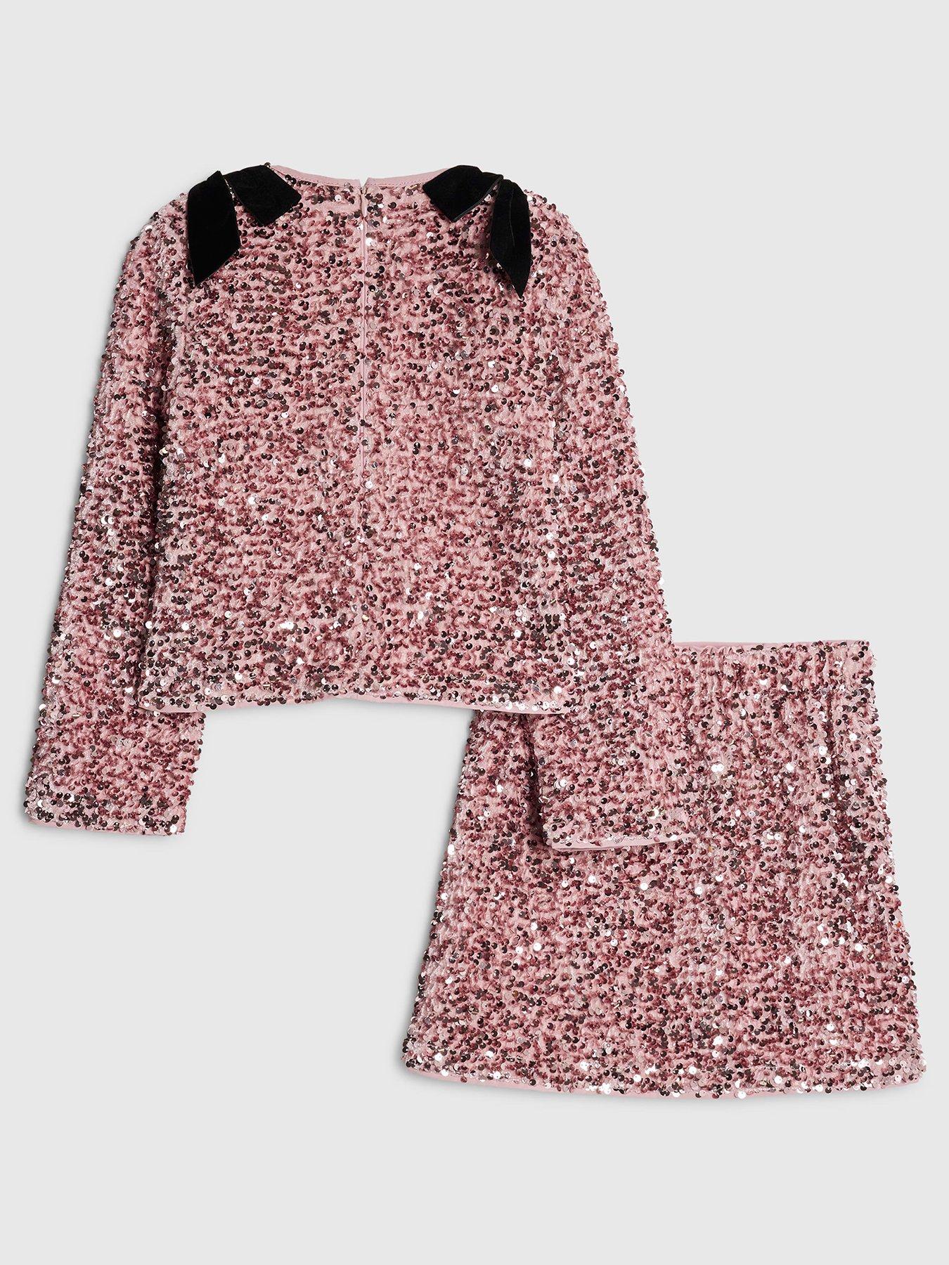 Image 2 of 5 of River Island Older Girls Sequin Bow Long Sleeved Skirt Set - Pink