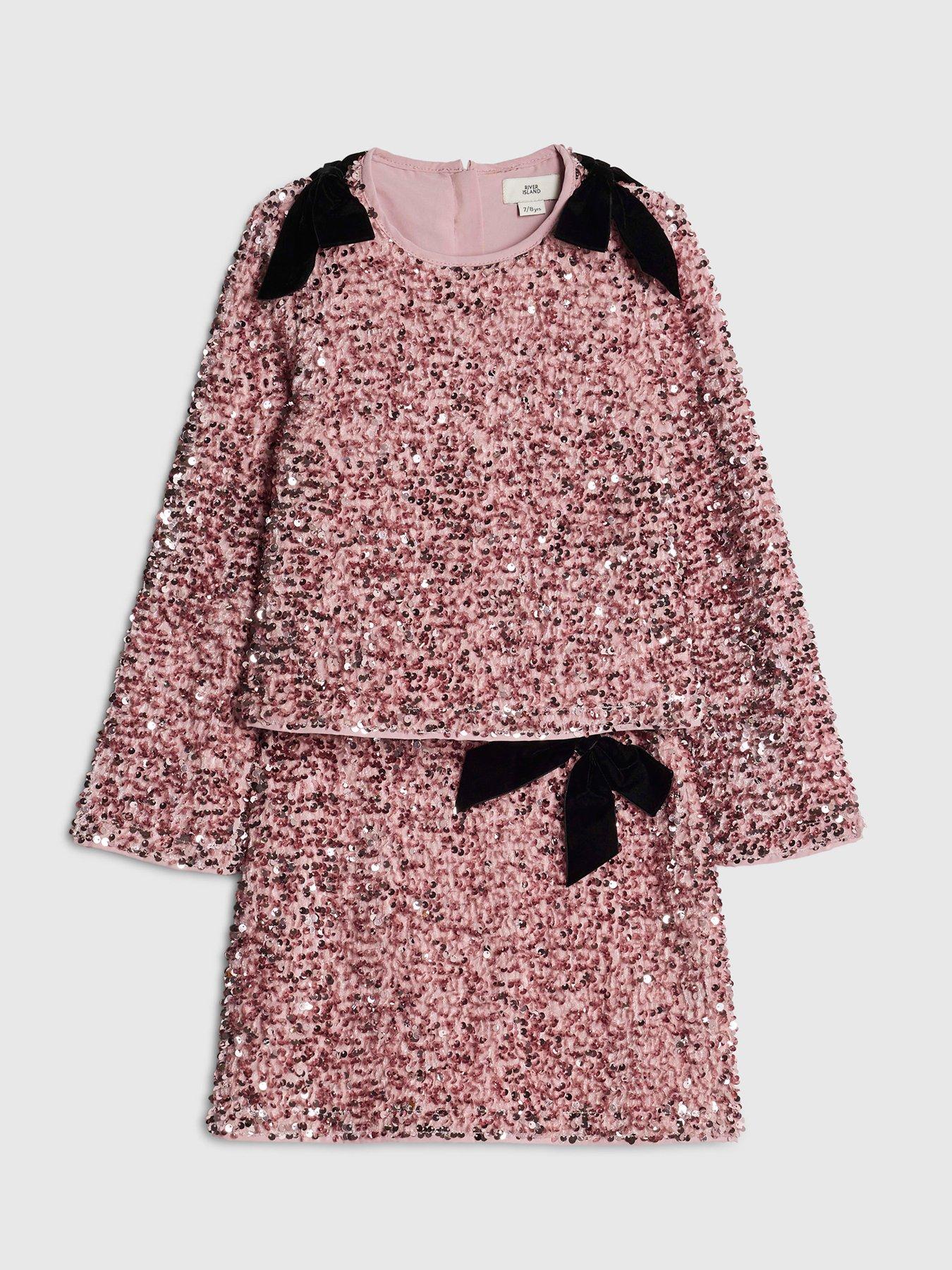Image 3 of 5 of River Island Older Girls Sequin Bow Long Sleeved Skirt Set - Pink