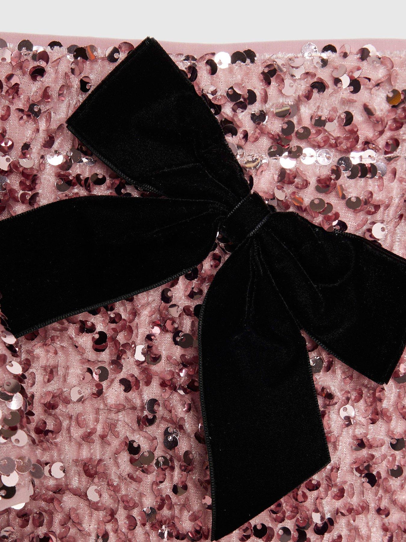 Image 5 of 5 of River Island Older Girls Sequin Bow Long Sleeved Skirt Set - Pink