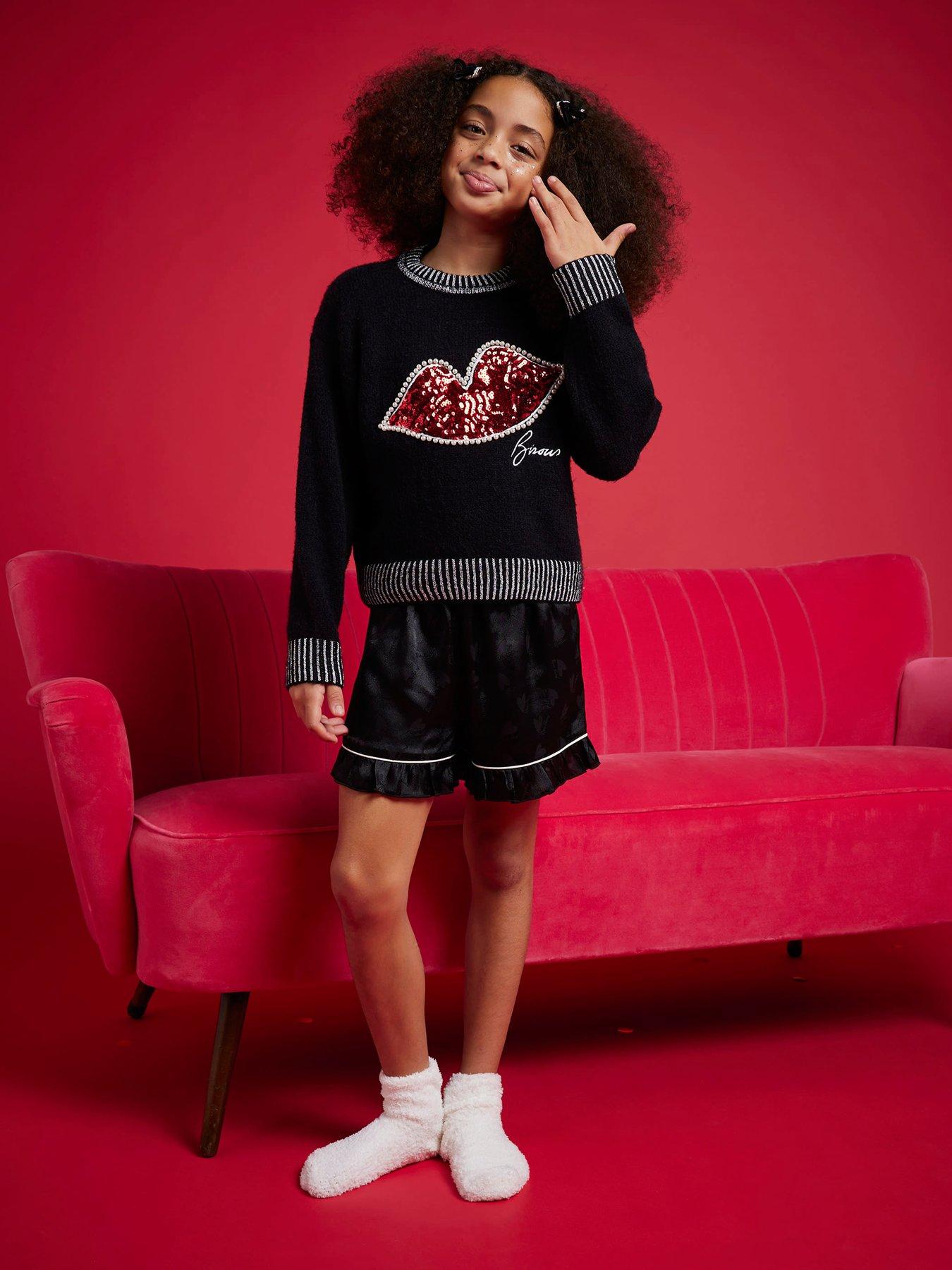 River Island Older Girls Nephthys Sequin Lips Christmas Jumper - Black