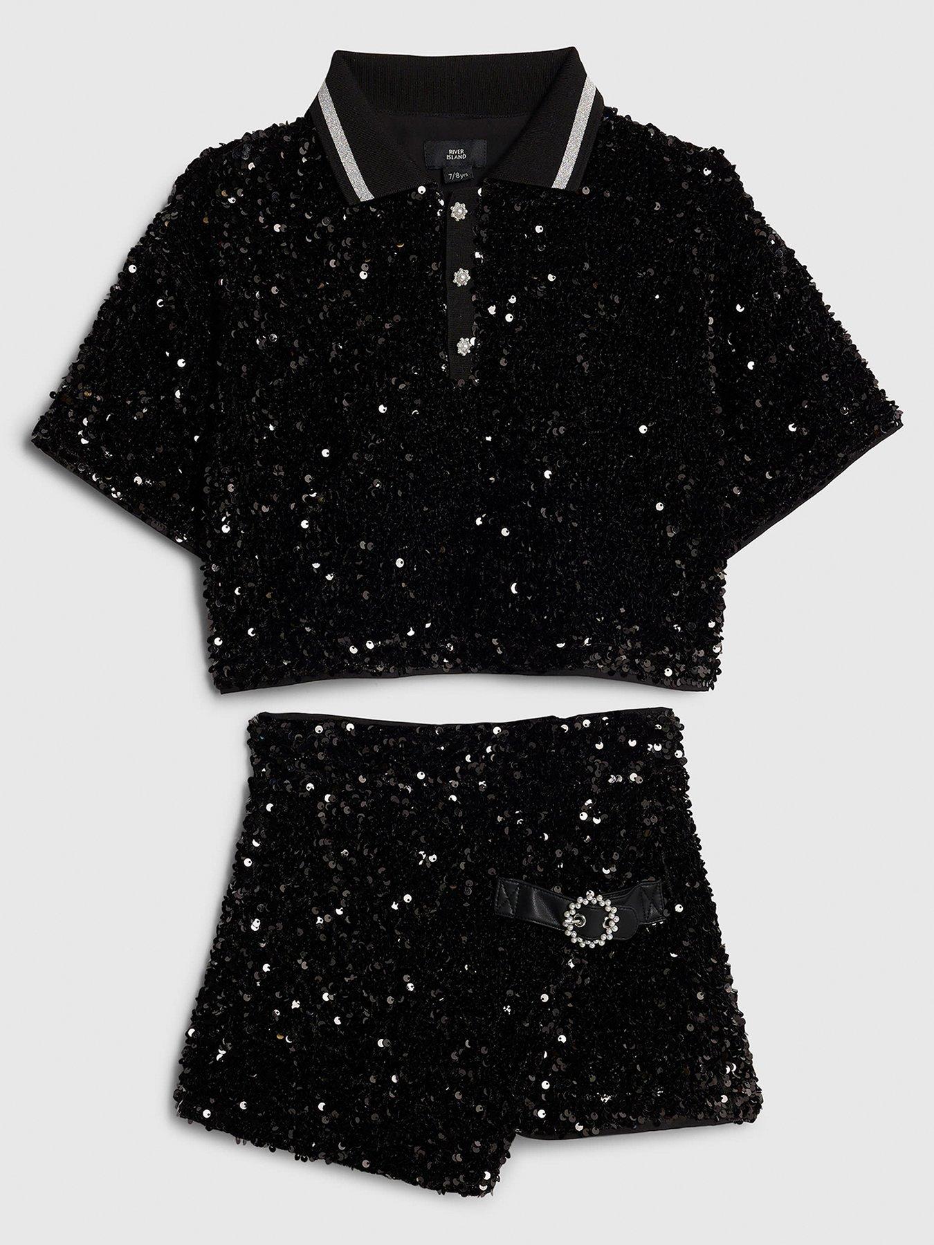 River Island Older Girls Sequin Polo Top And Skort Set - Black