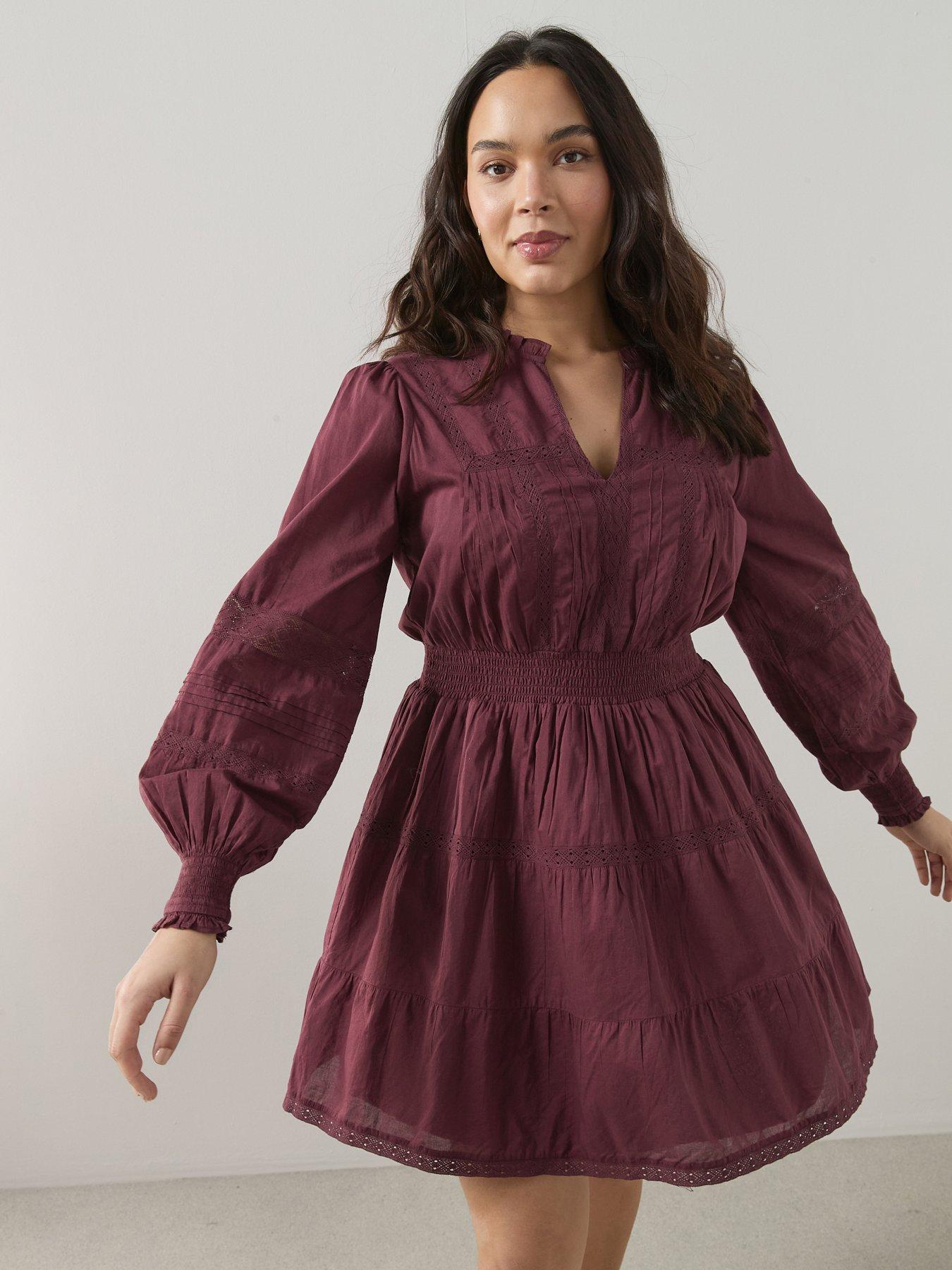 The Very Collection Curve Lace Insert Cotton Mini Dress - Burgundy