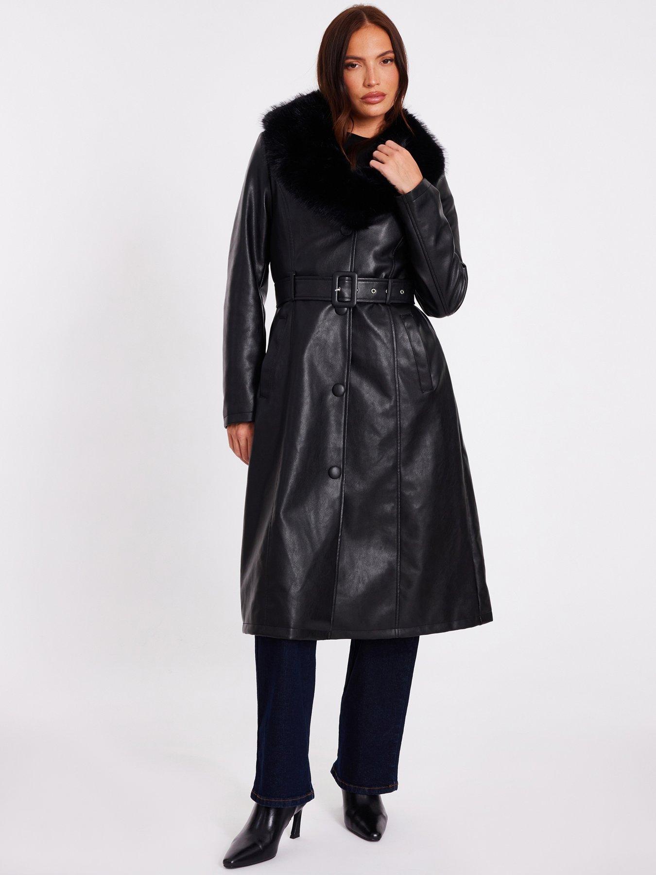 Image 1 of 6 of Quiz Black Faux Leather Trench Coat