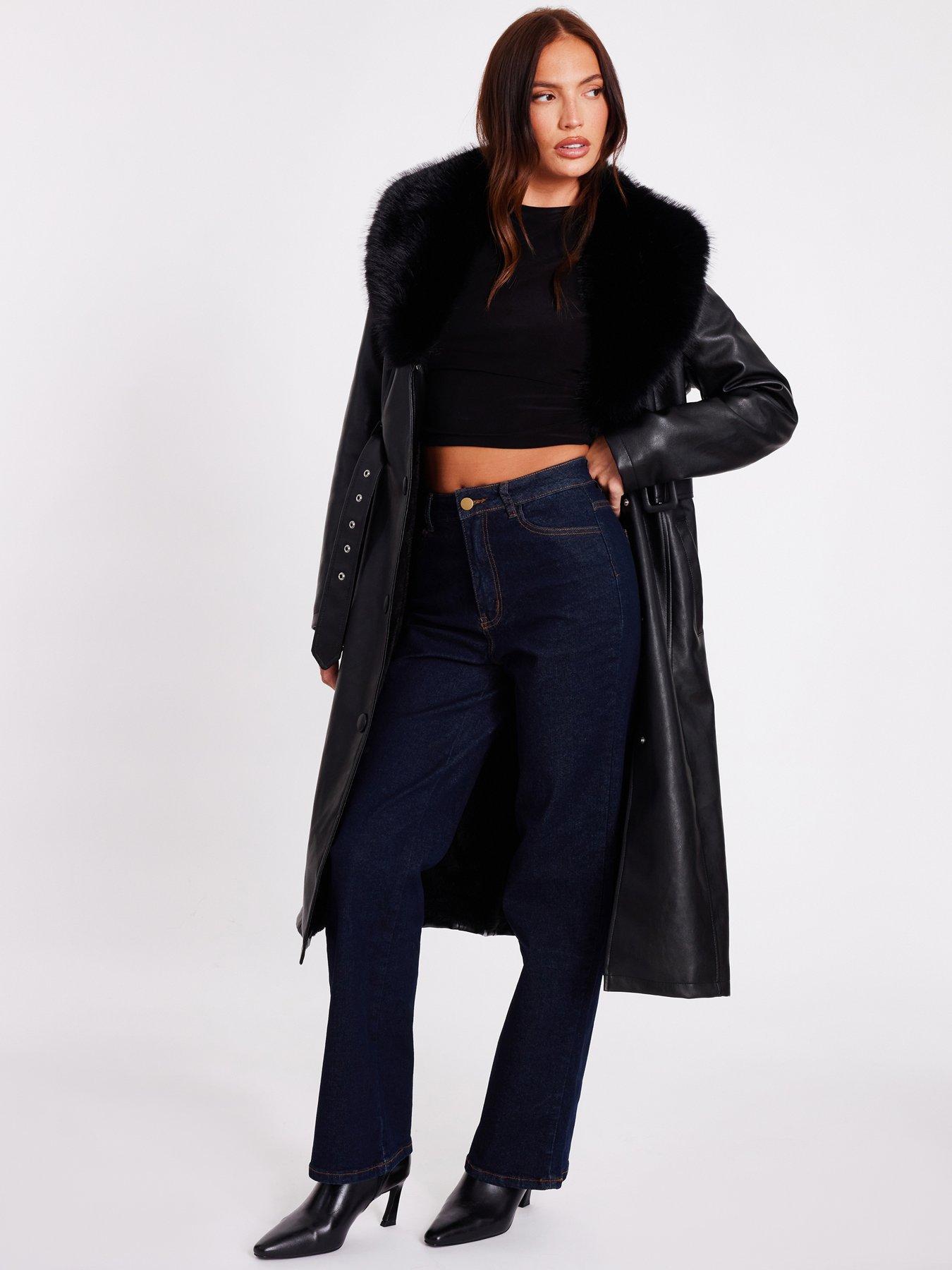 Image 3 of 6 of Quiz Black Faux Leather Trench Coat