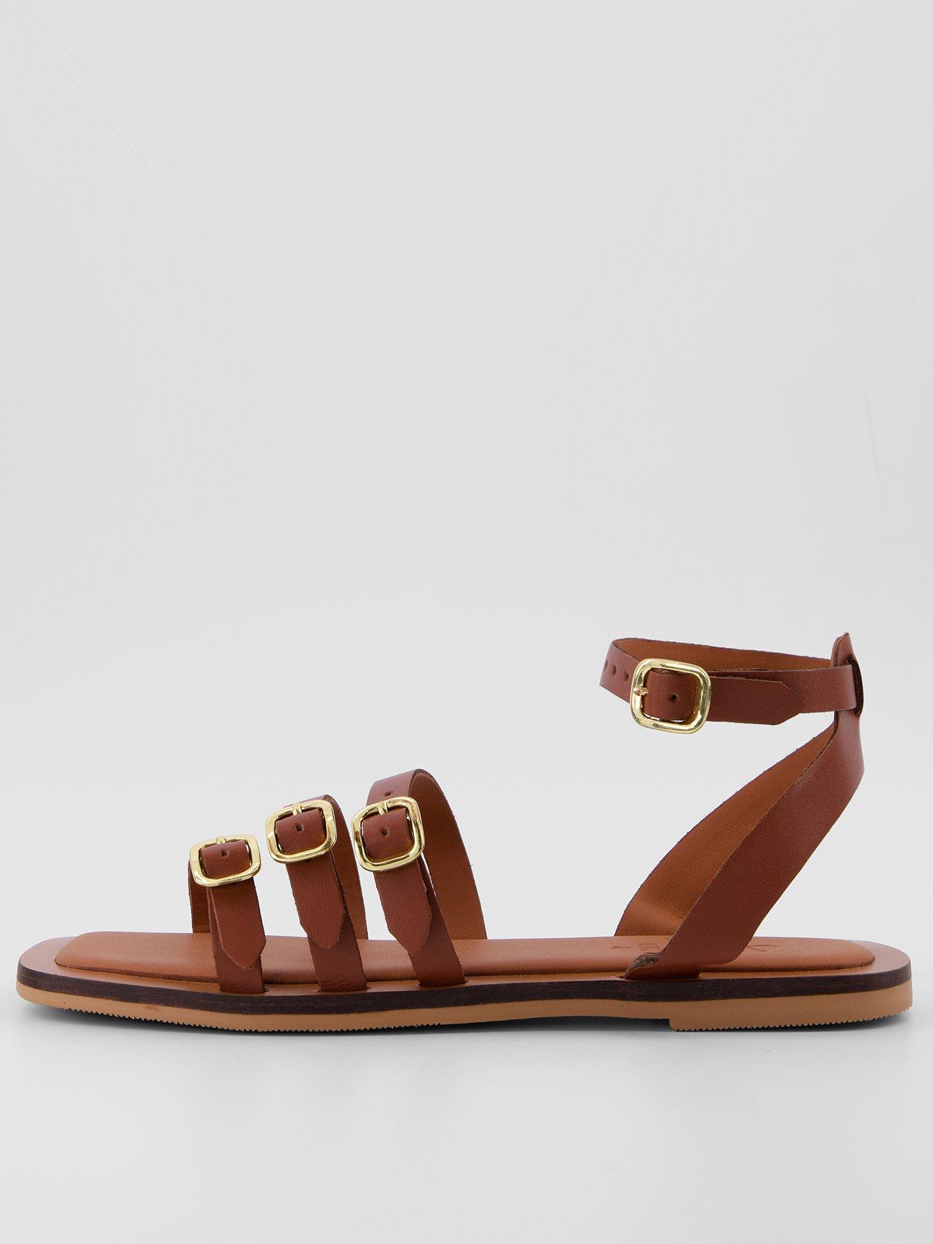 Image 1 of 7 of The Very Collection Leather Strappy Flat Sandals - Brown