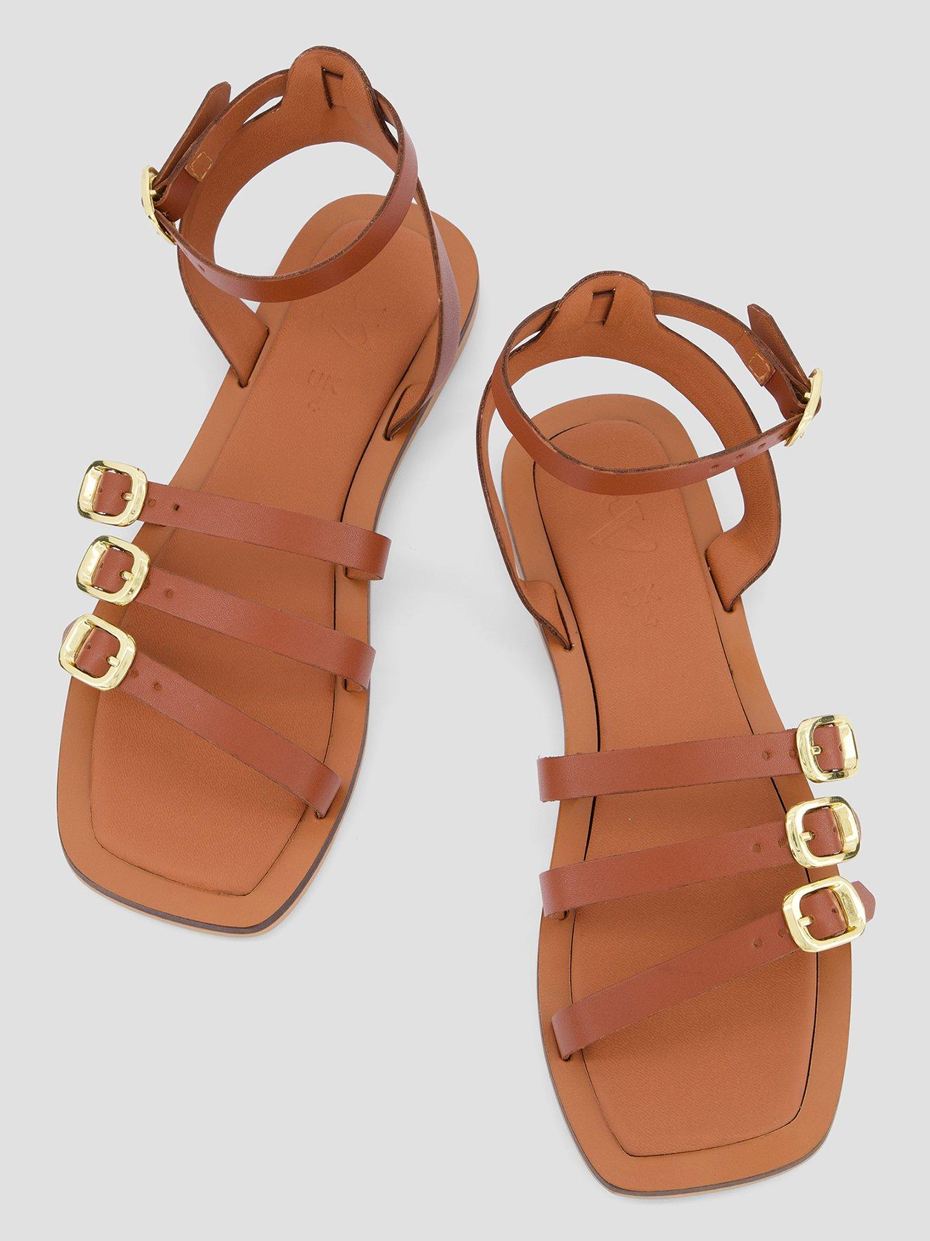 Image 3 of 7 of The Very Collection Leather Strappy Flat Sandals - Brown