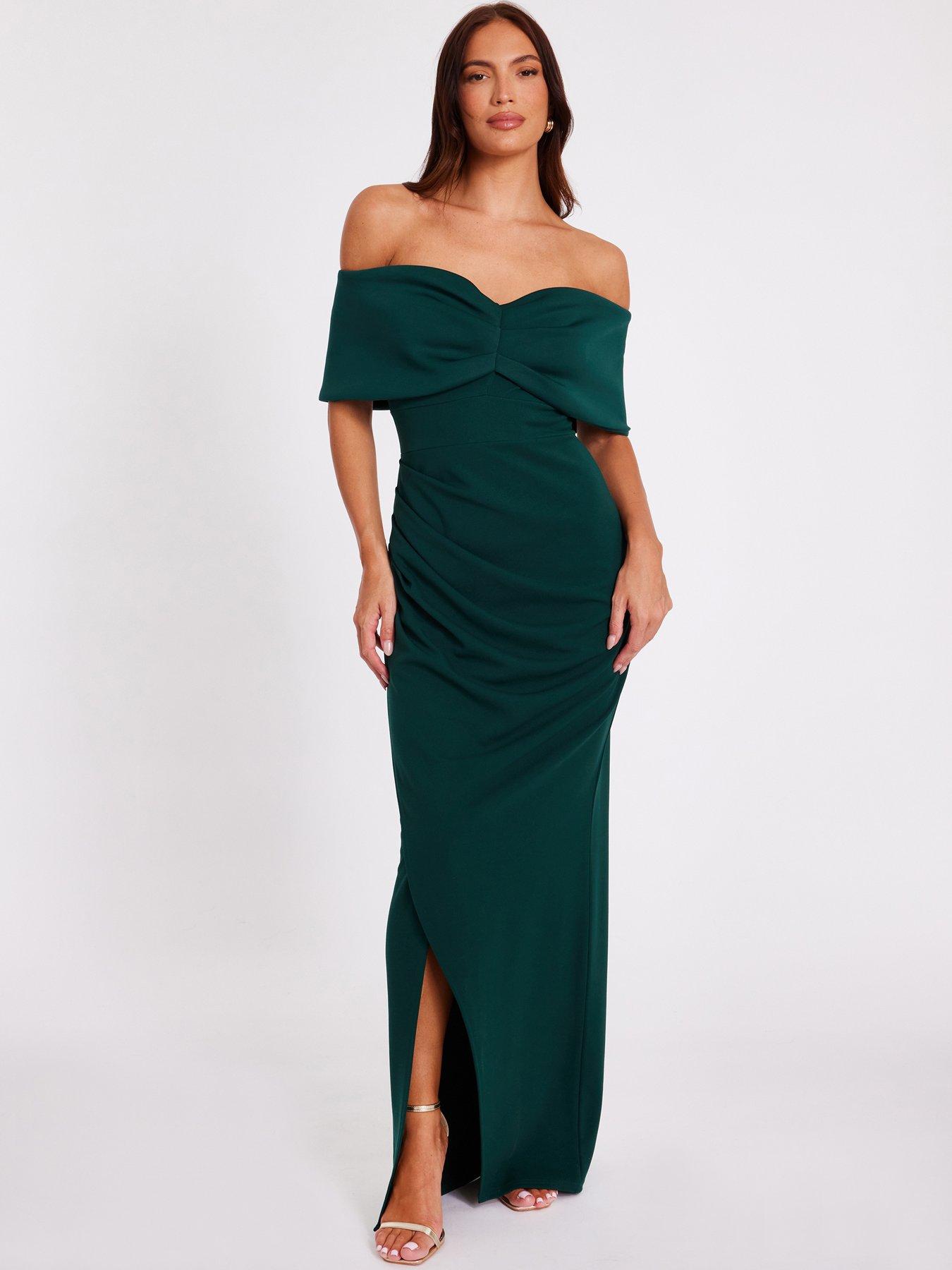 Image 1 of 6 of Quiz Bottle Green Bardot Wrap Maxi Dress