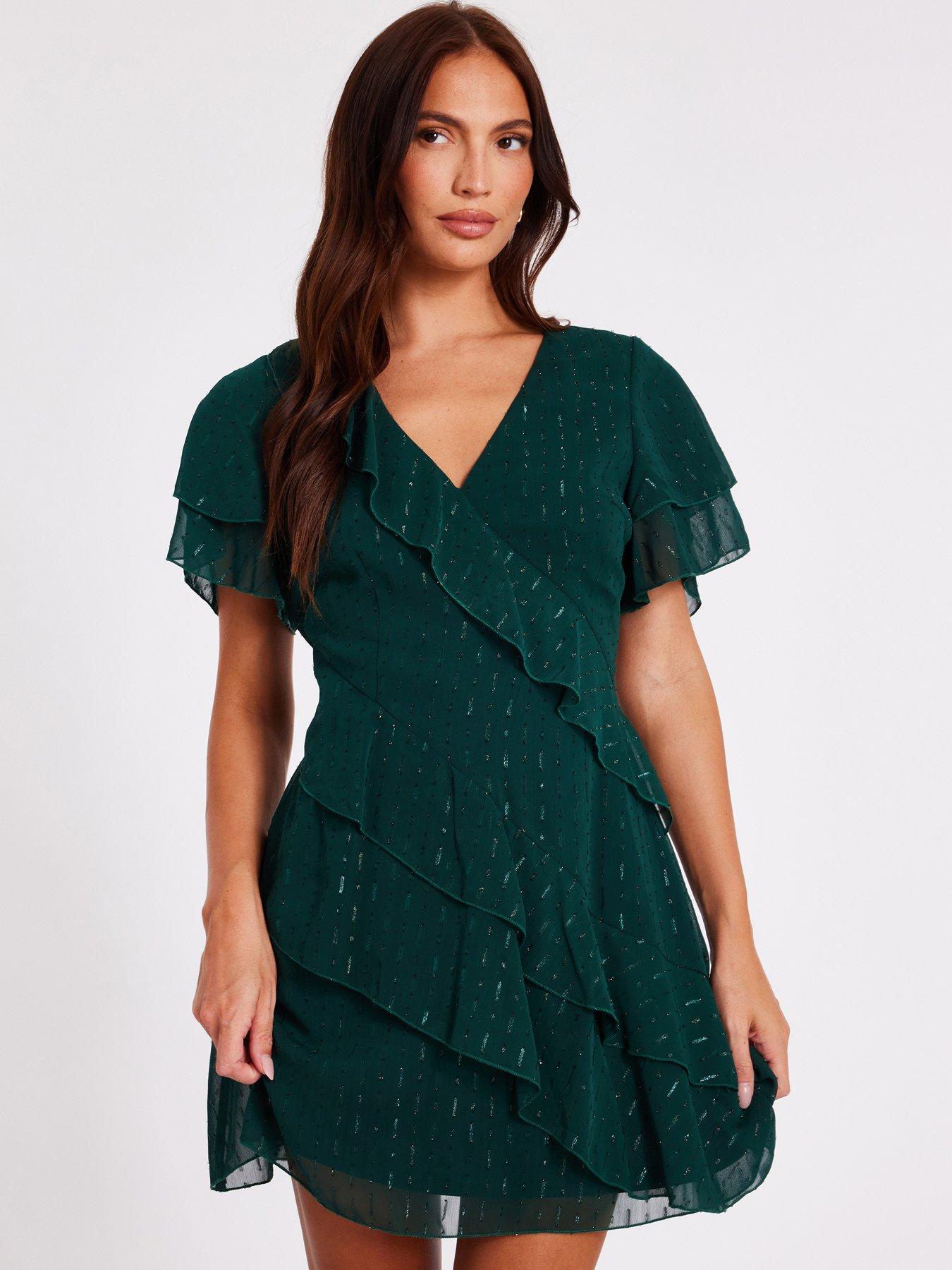 Quiz Bottle Green Chiffon Ruffle Mini Dress