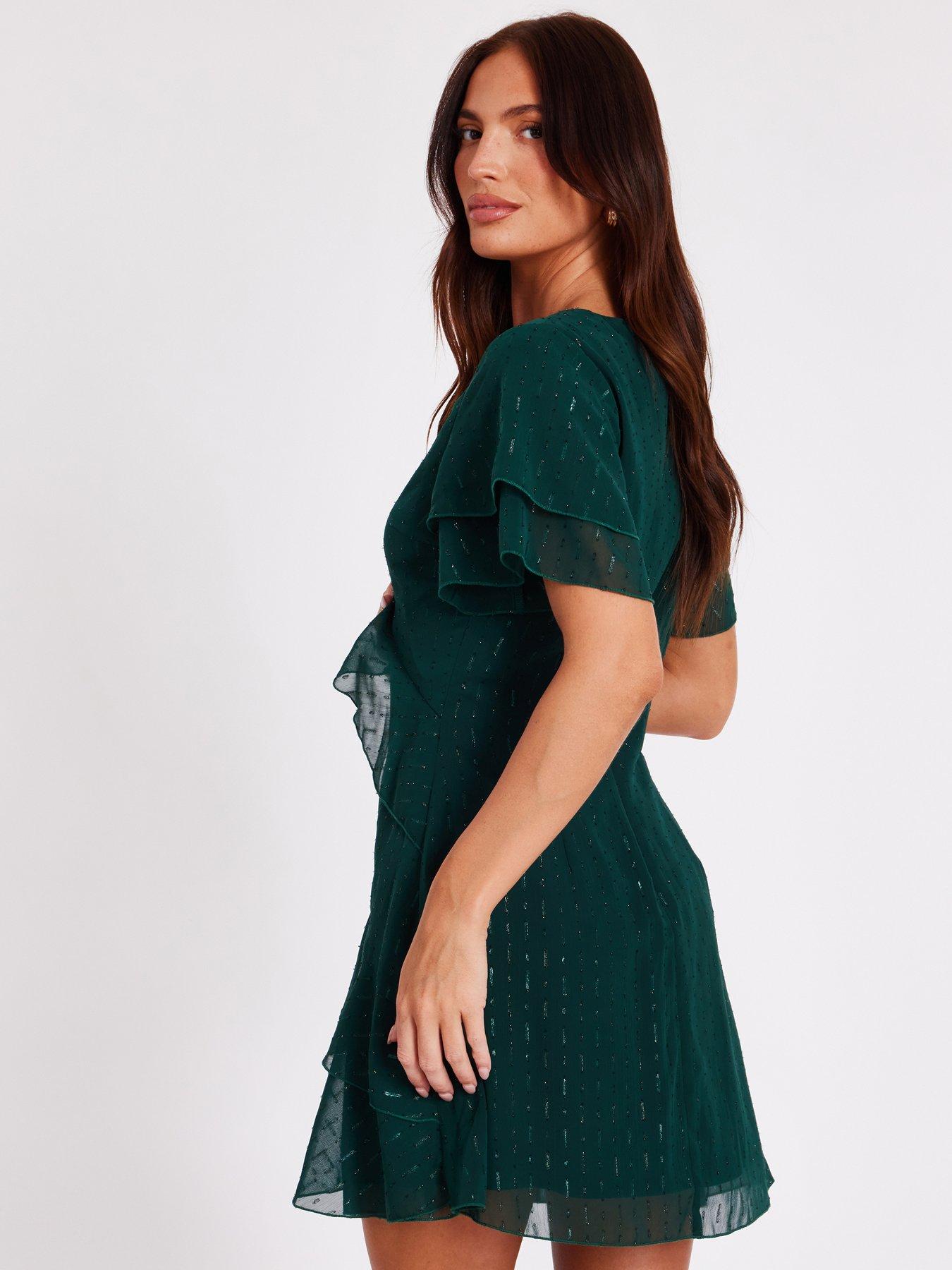 Quiz Bottle Green Chiffon Ruffle Mini Dress | Very