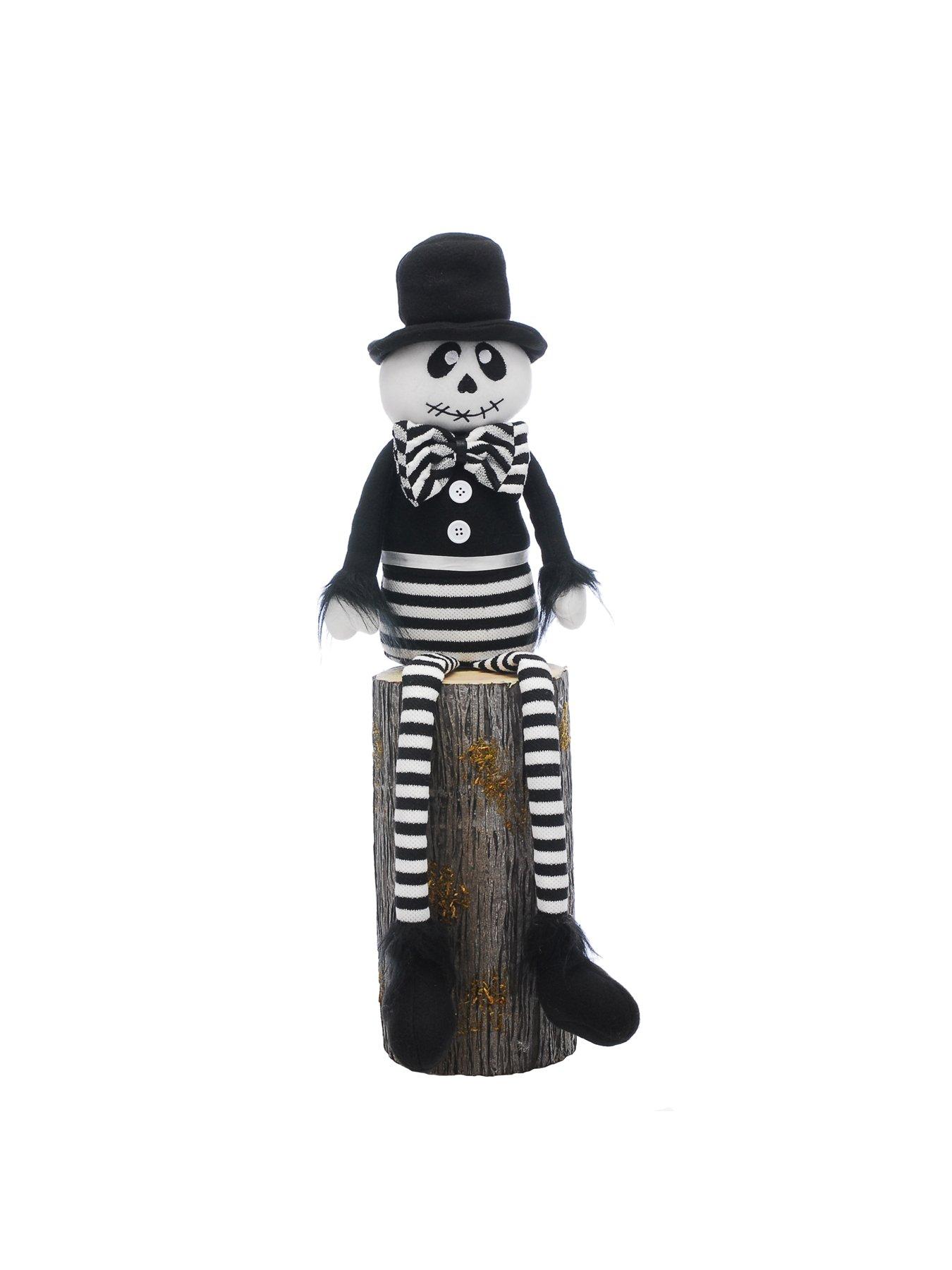 Festive 68cm Halloween Dangly Leg Black And White Stripped Skeleton Wearing Black Top Hat