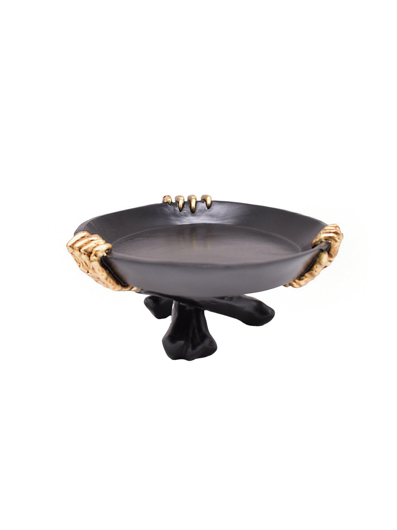 Festive 20cm Polyresin Black Plate On Stand Being Held By 3 Gold Skeleton Hands Table Top Decoration