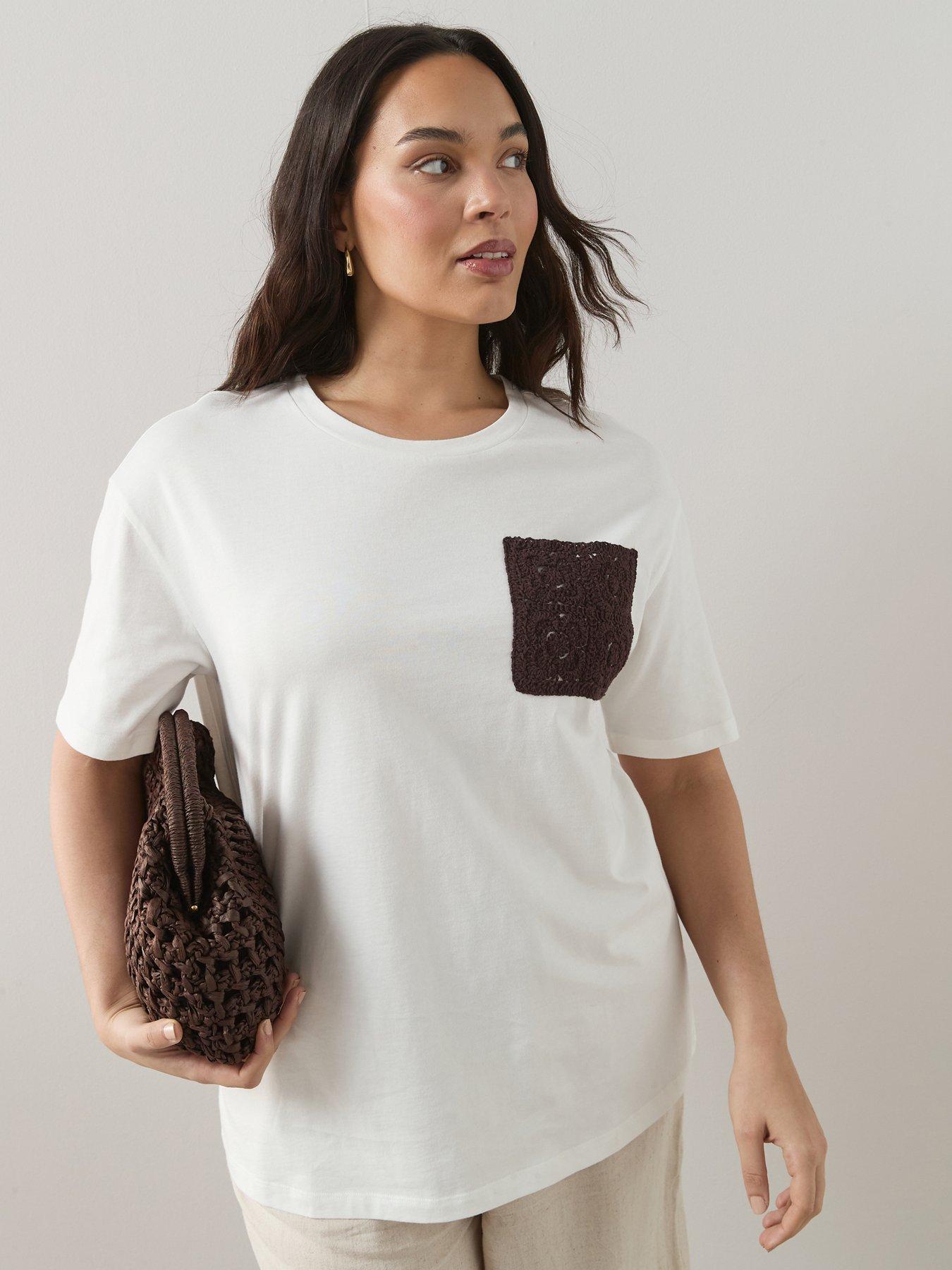 The Very Collection Curve Crochet Pocket T-Shirt - Cream