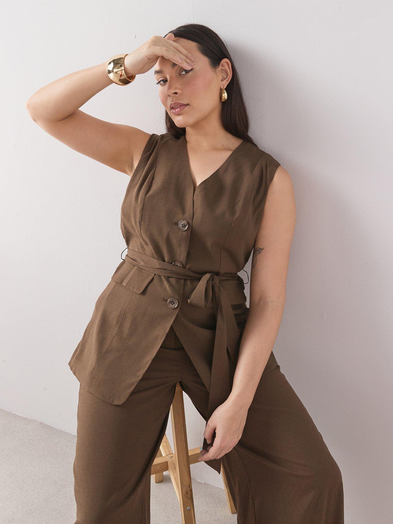 The Very Collection Curve Longline Linen Waistcoat - Brown