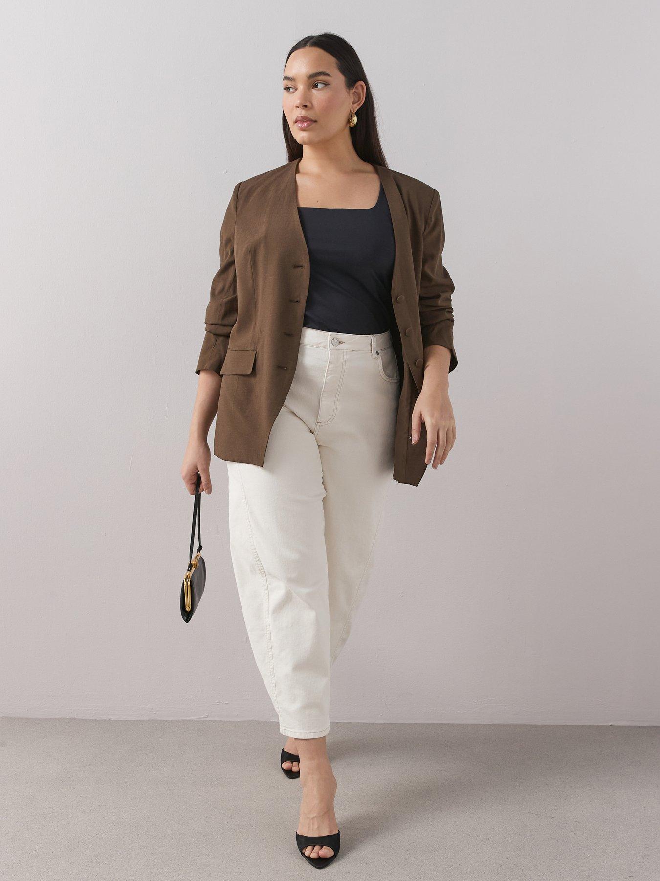 the-very-collection-curve-cinched-waist-collarless-blazer-brown