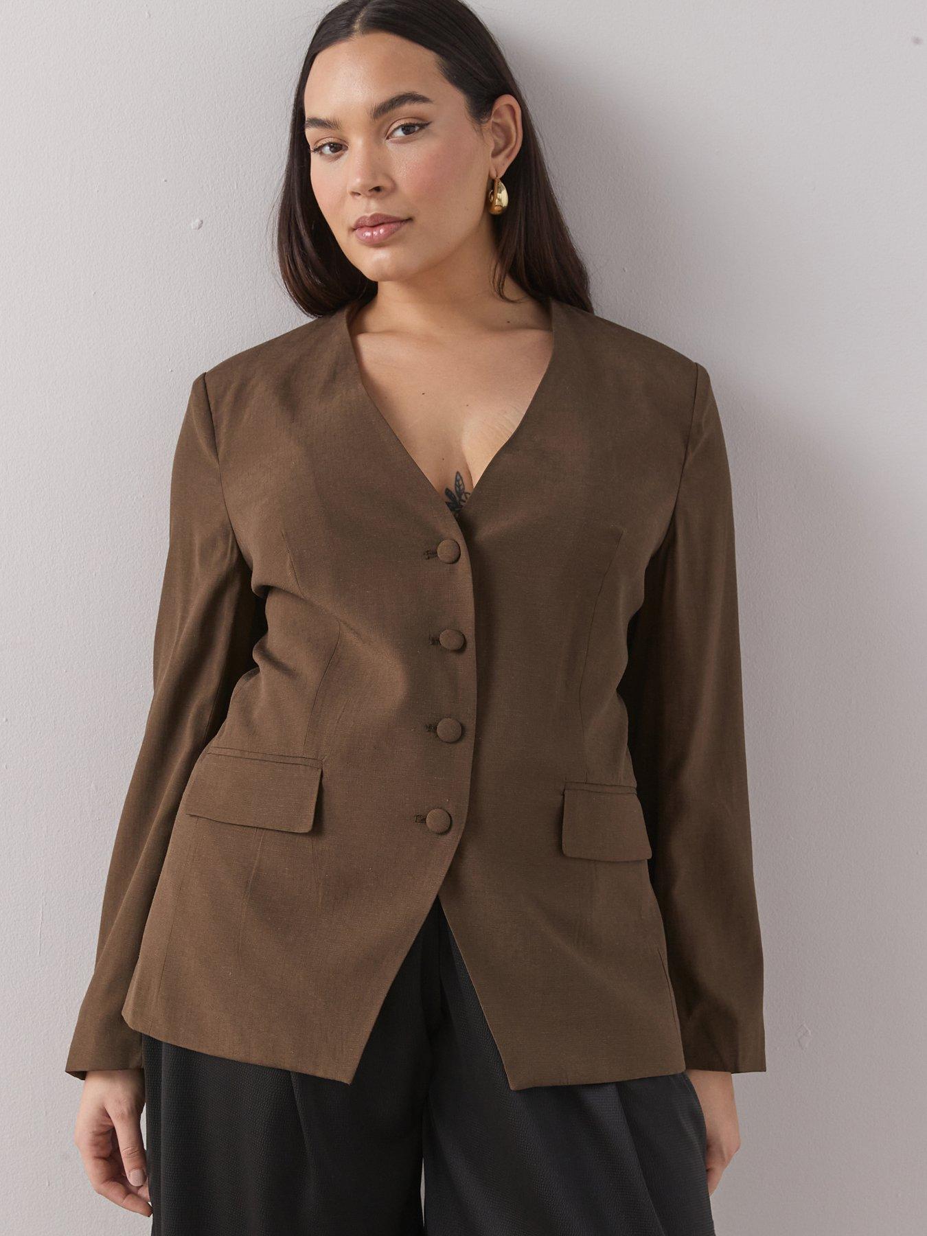 The Very Collection Curve Cinched Waist Collarless Blazer - Brown