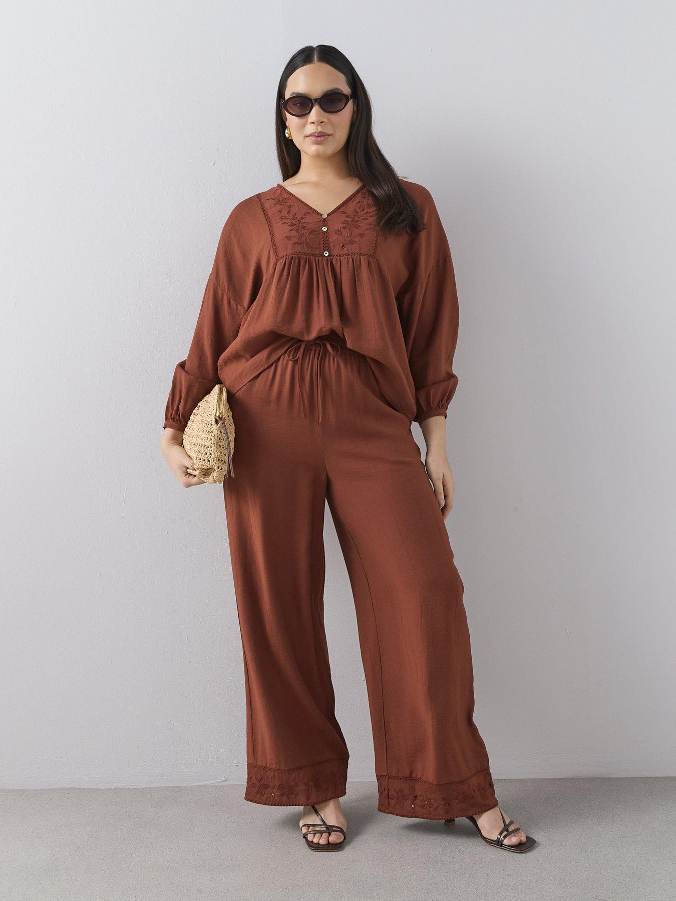 The Very Collection Curve Embroidered Hem Wide Leg Trouser Co-Ord - Brown