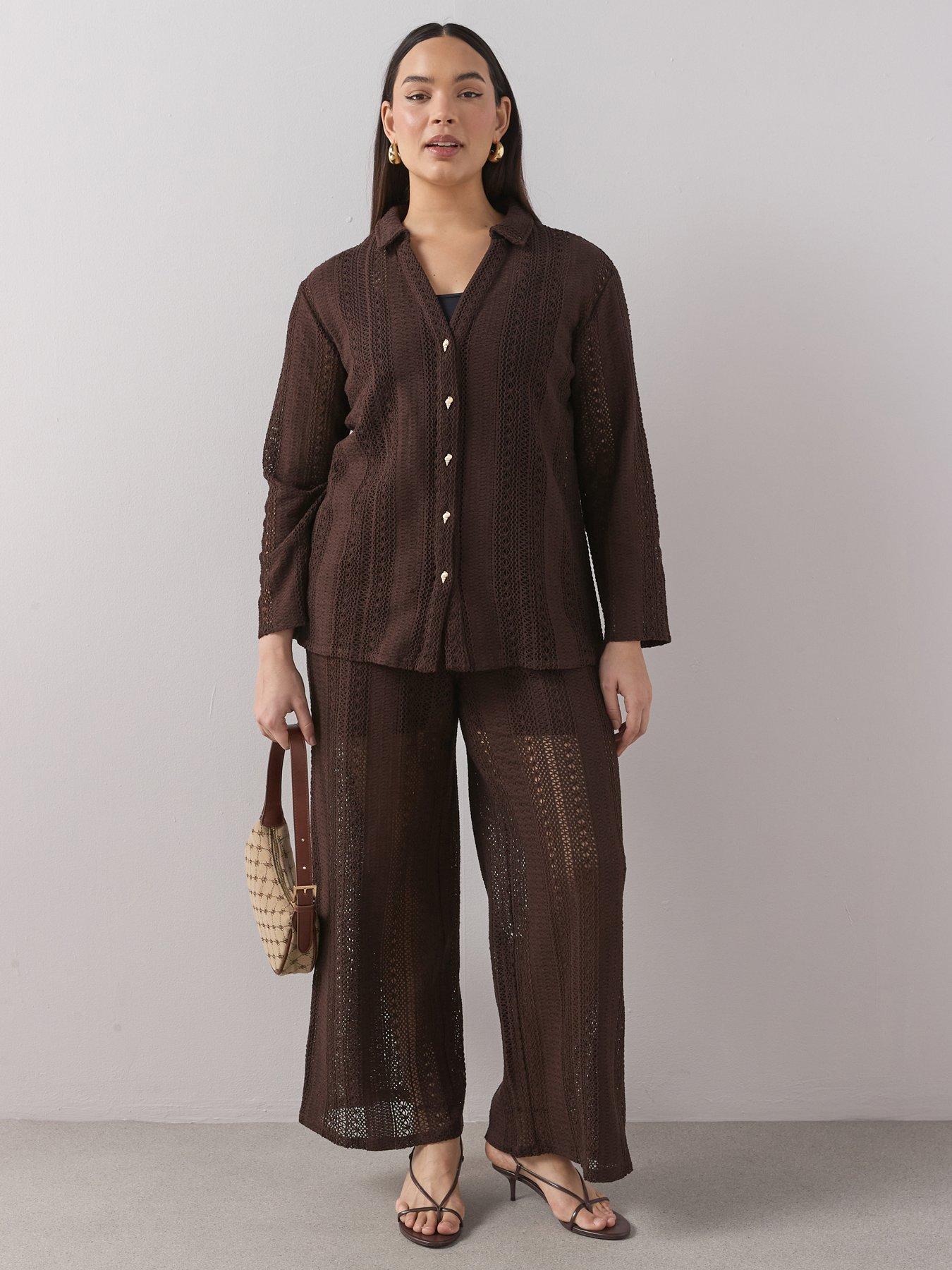 The Very Collection Curve Crochet Trouser Co-Ord - Brown
