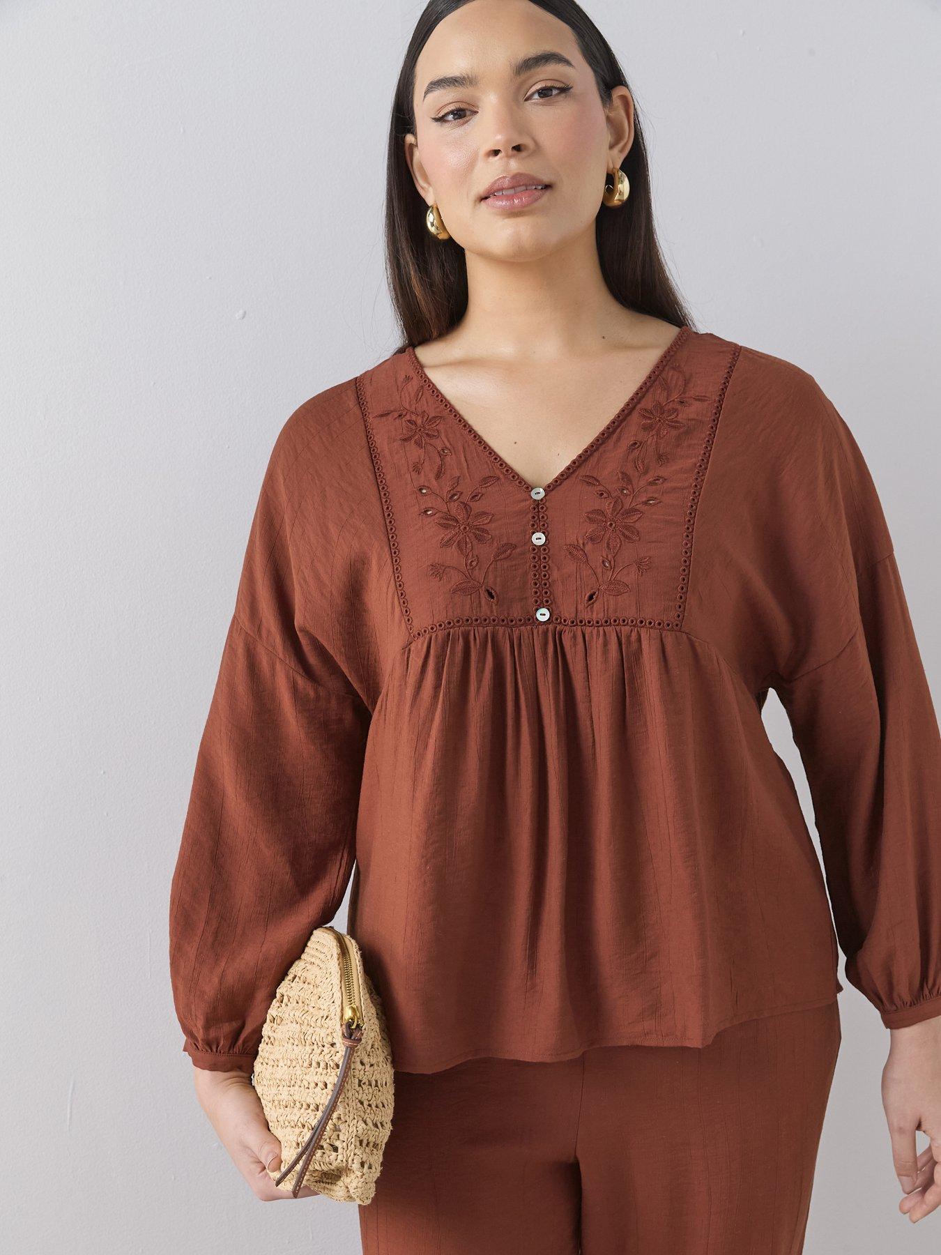 The Very Collection Curve Embroidered V Neck Blouse Co-Ord - Brown