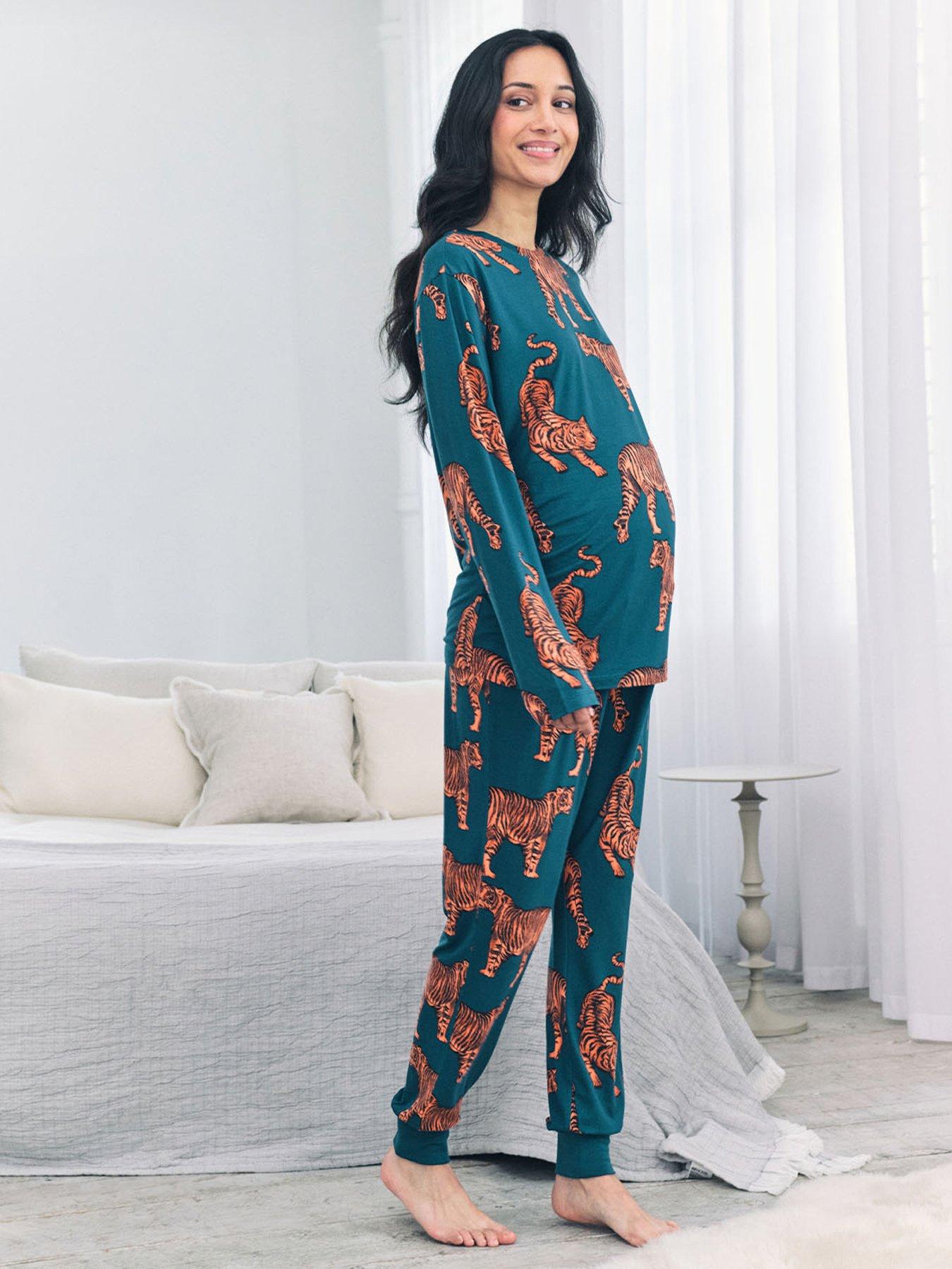 Image 1 of 5 of CHELSEA PEERS Maternity Long Sleeve Crew Neck Set With Tiger Print In Polyester