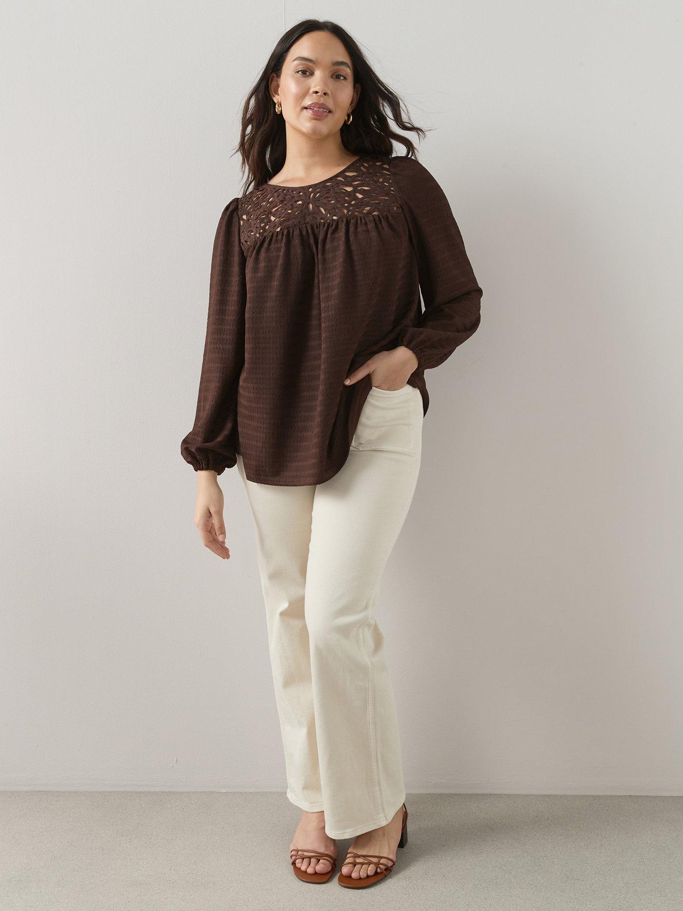 The Very Collection Curve Crochet Yoke Crinkle Top - Brown