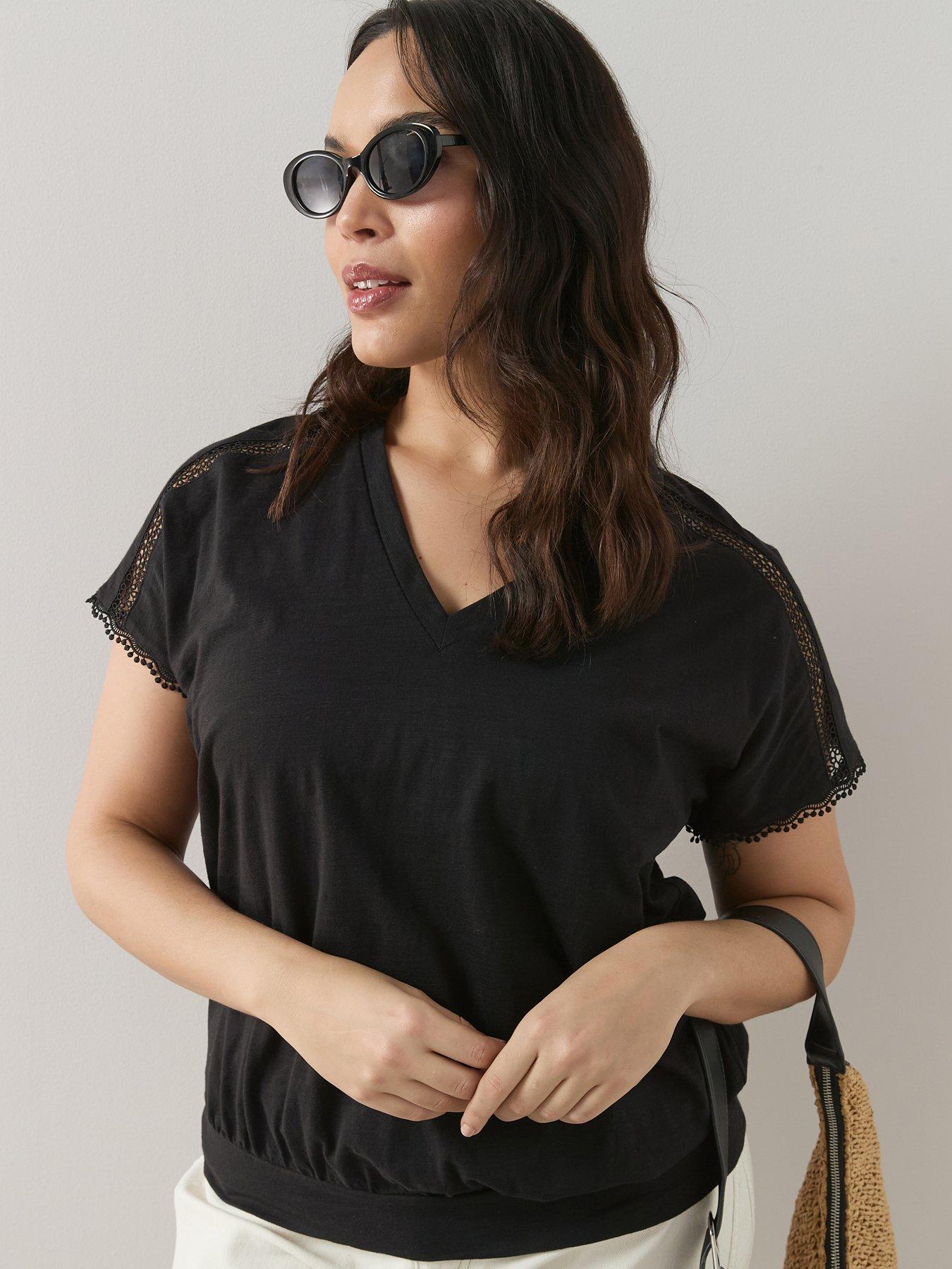The Very Collection Curve V Neck Banded Hem T-Shirt - Black