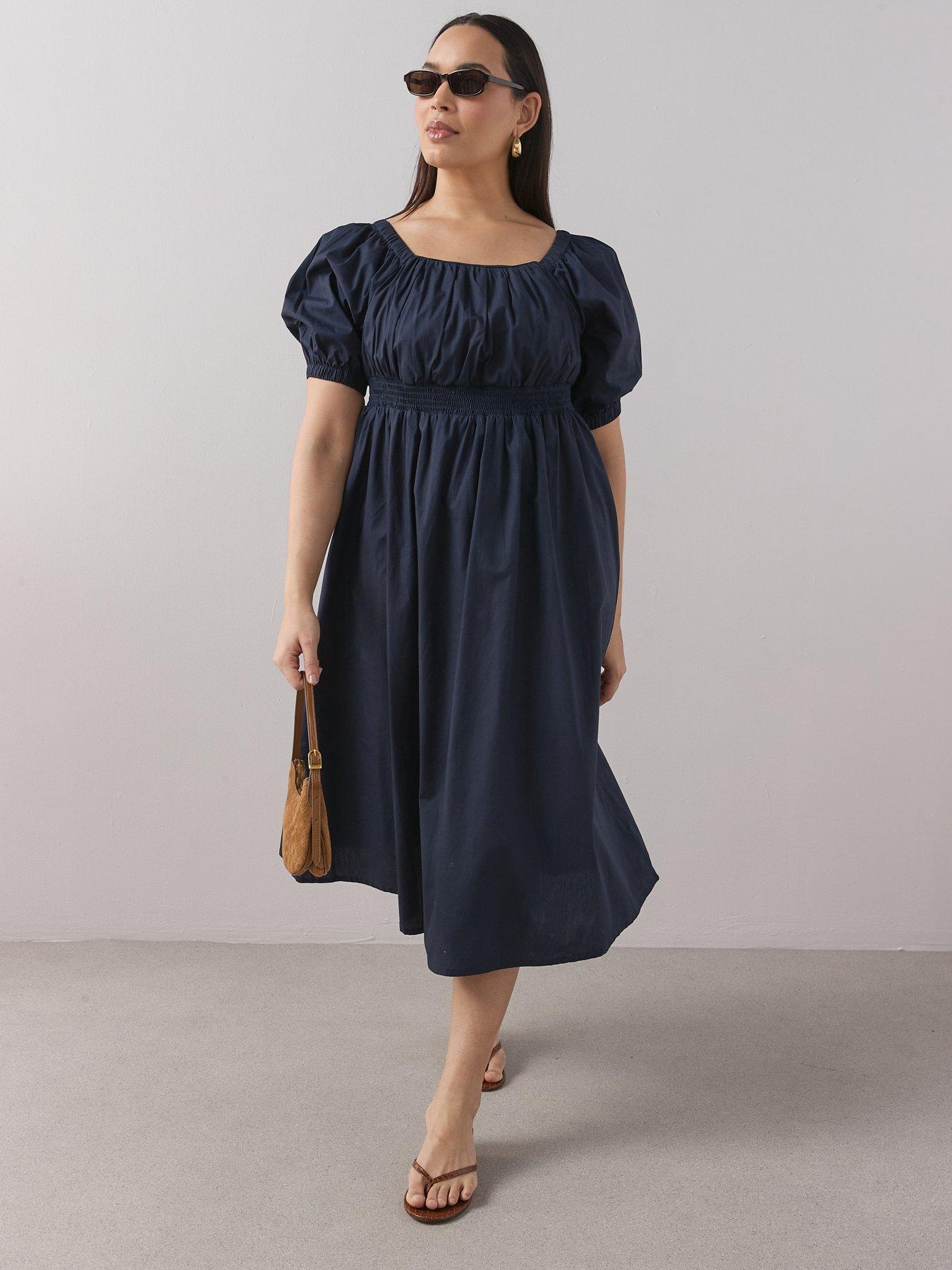 The Very Collection Curve Shirred Waist Short Sleeve Midi Dress - Blue