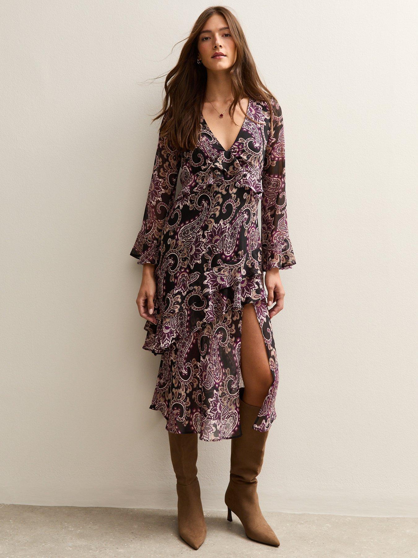 Image 1 of 5 of New Look Black Paisley Print Chiffon Midi Dress