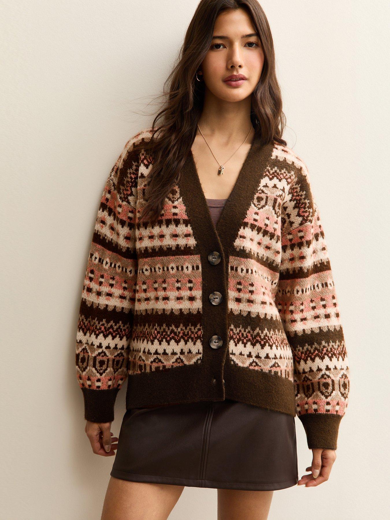 New Look Brown Fairisle V-Neck Cardigan - Pink